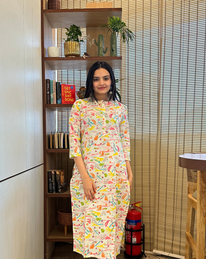 Cream Brush Print Only Kurti