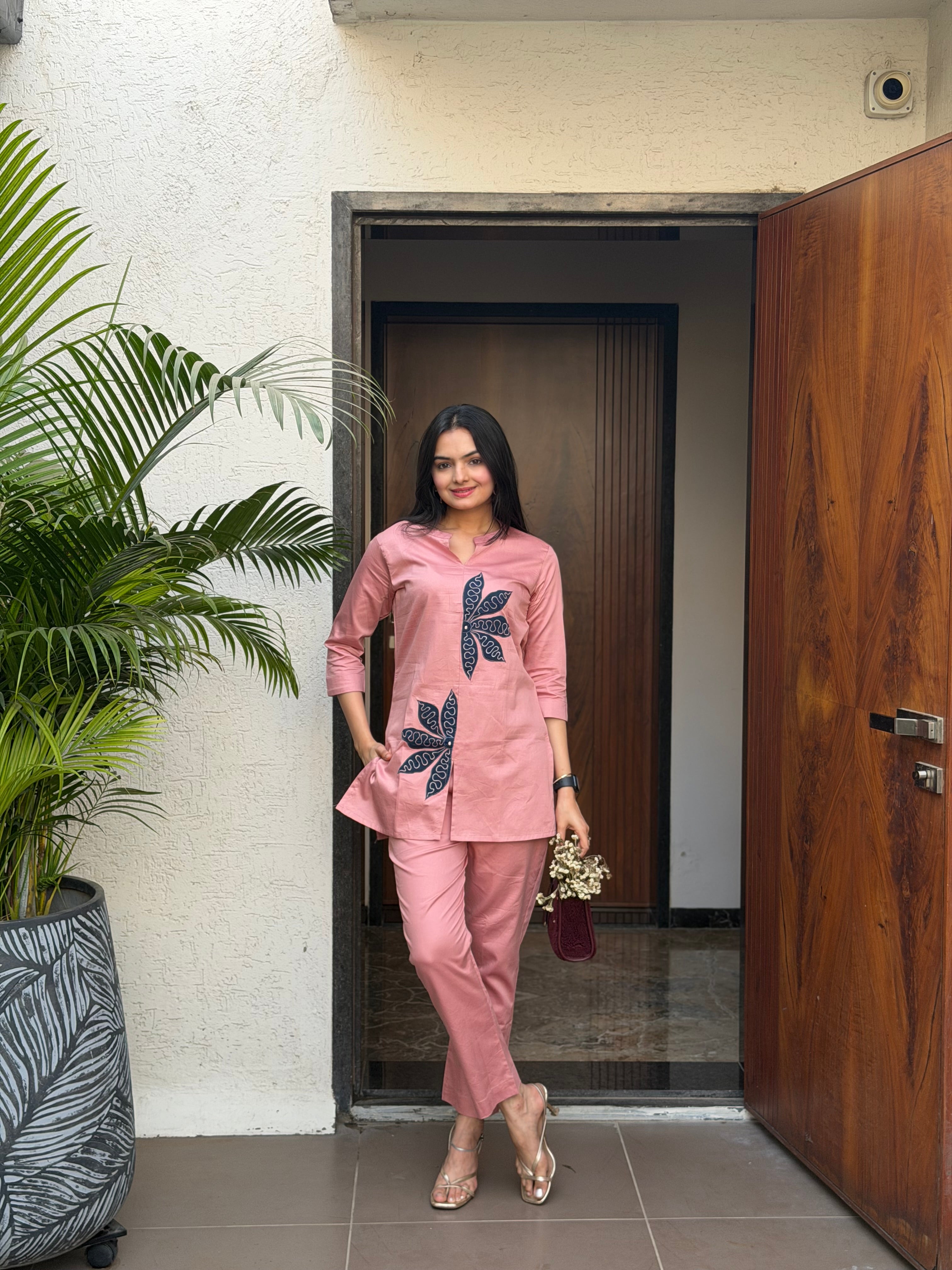 Osis Peach Floral Applique Giza Silk Coord Set