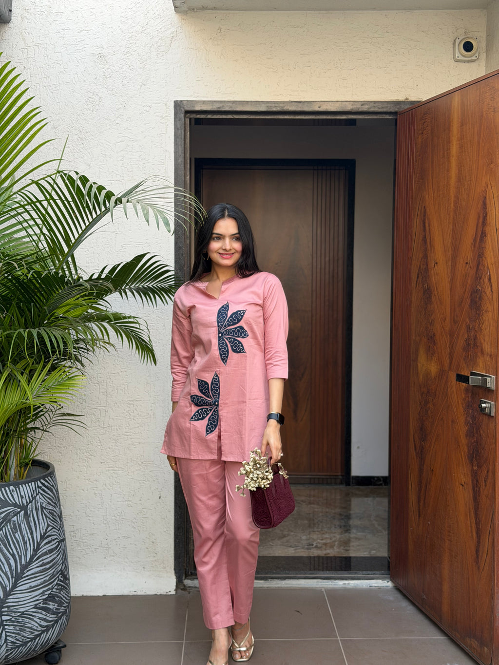 Osis Peach Floral Applique Giza Silk Coord Set
