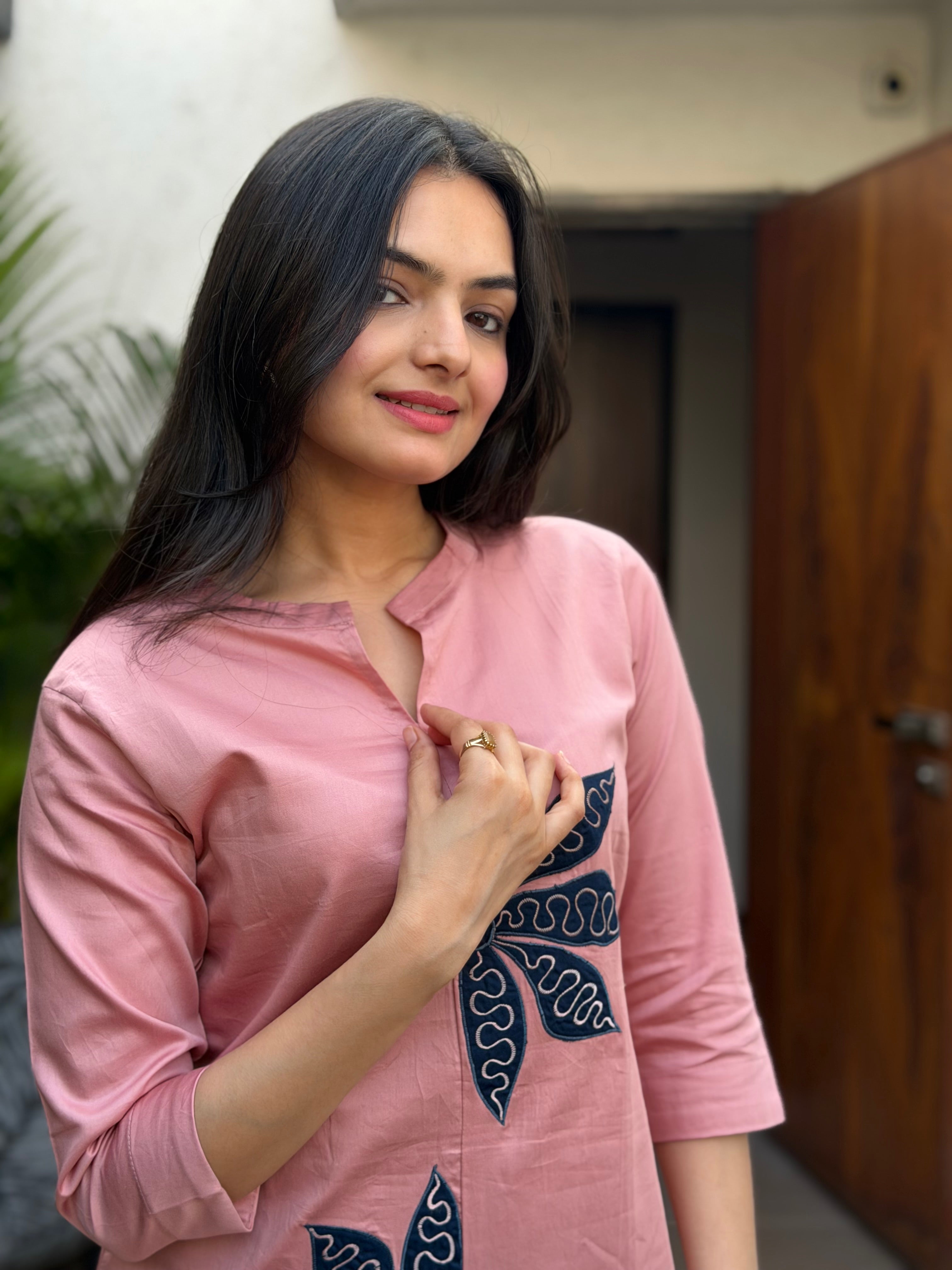 Osis Peach Floral Applique Giza Silk Coord Set
