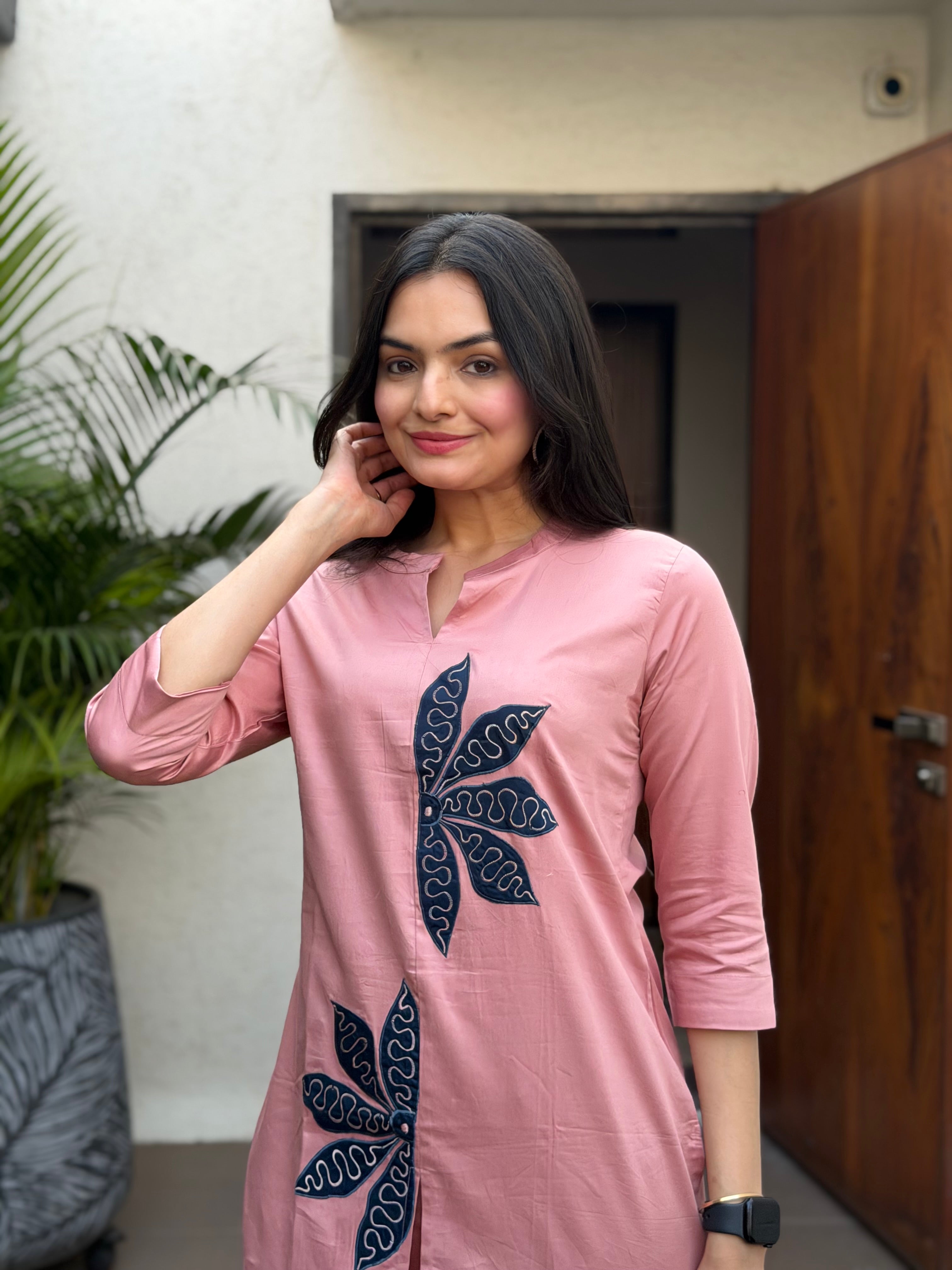 Osis Peach Floral Applique Giza Silk Coord Set