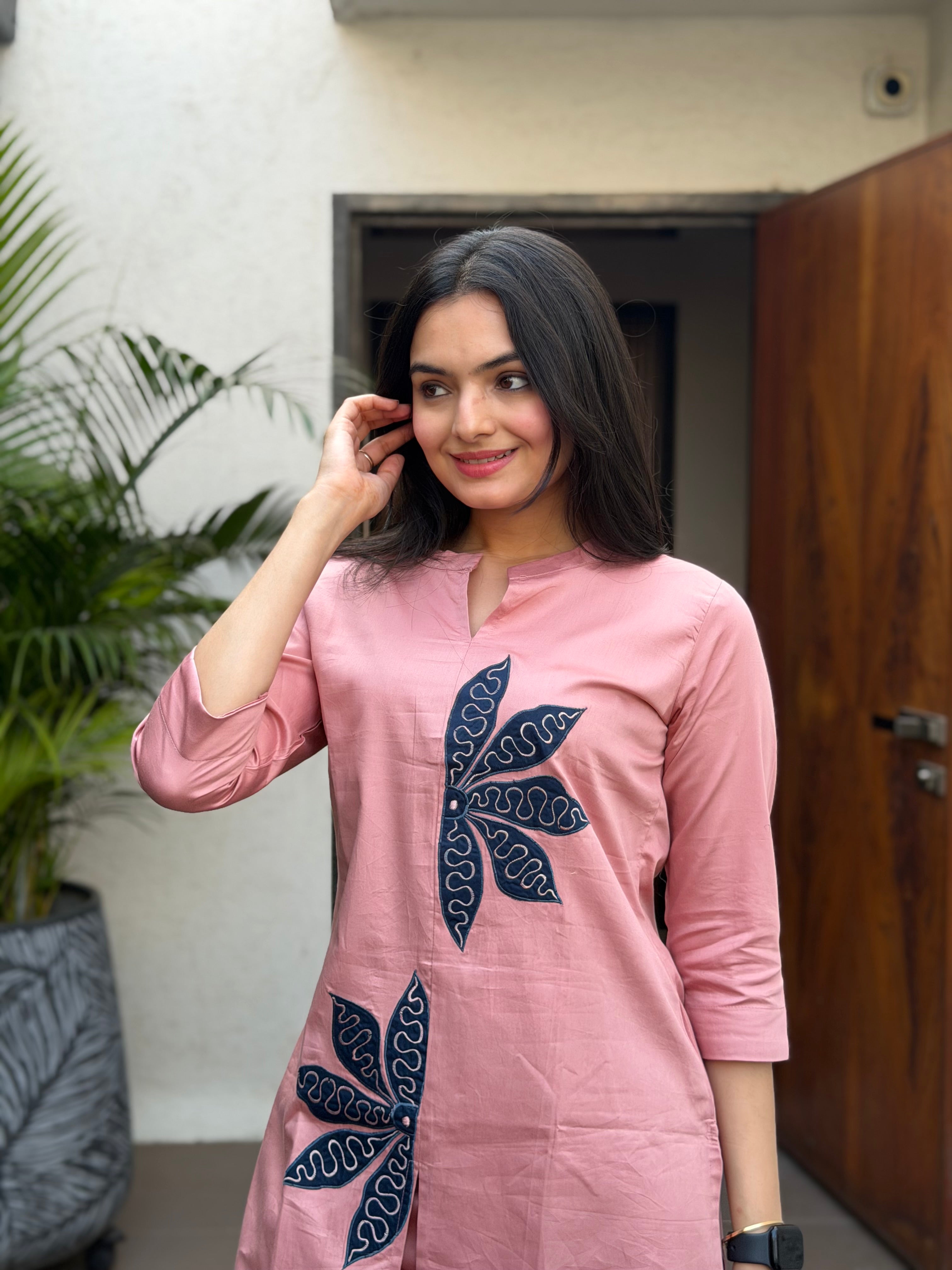 Osis Peach Floral Applique Giza Silk Coord Set