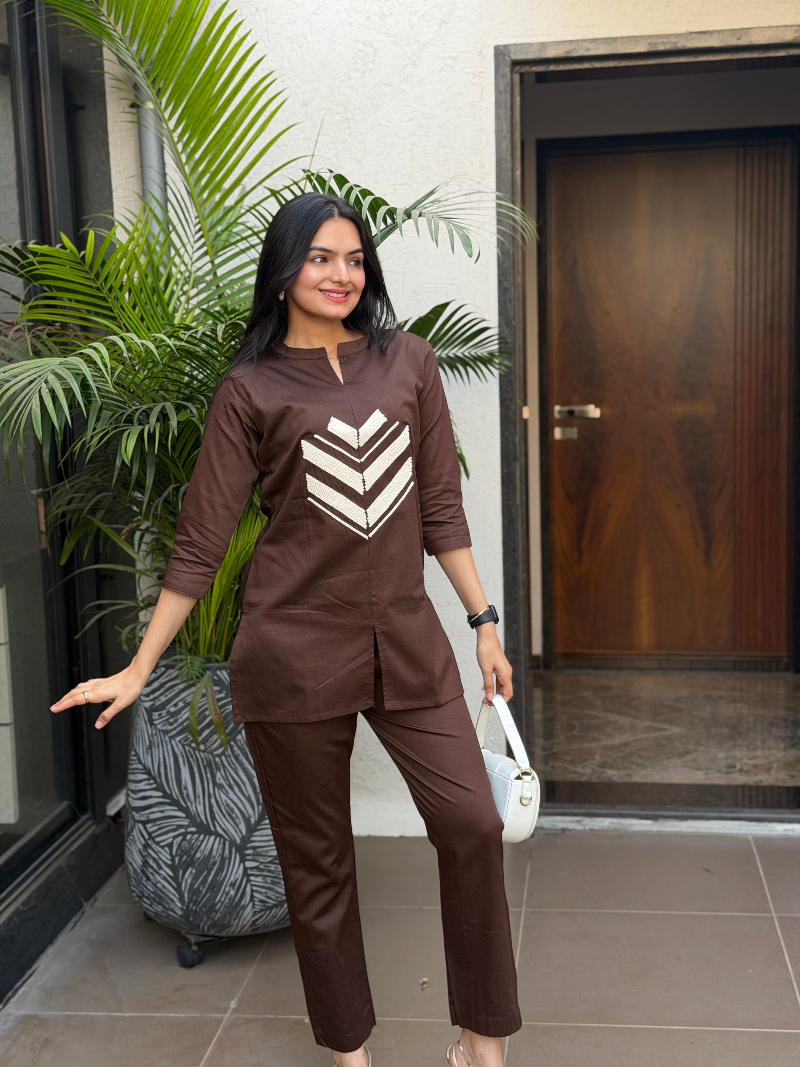 Cocoa Brown Embroidered Giza Silk Coord Set