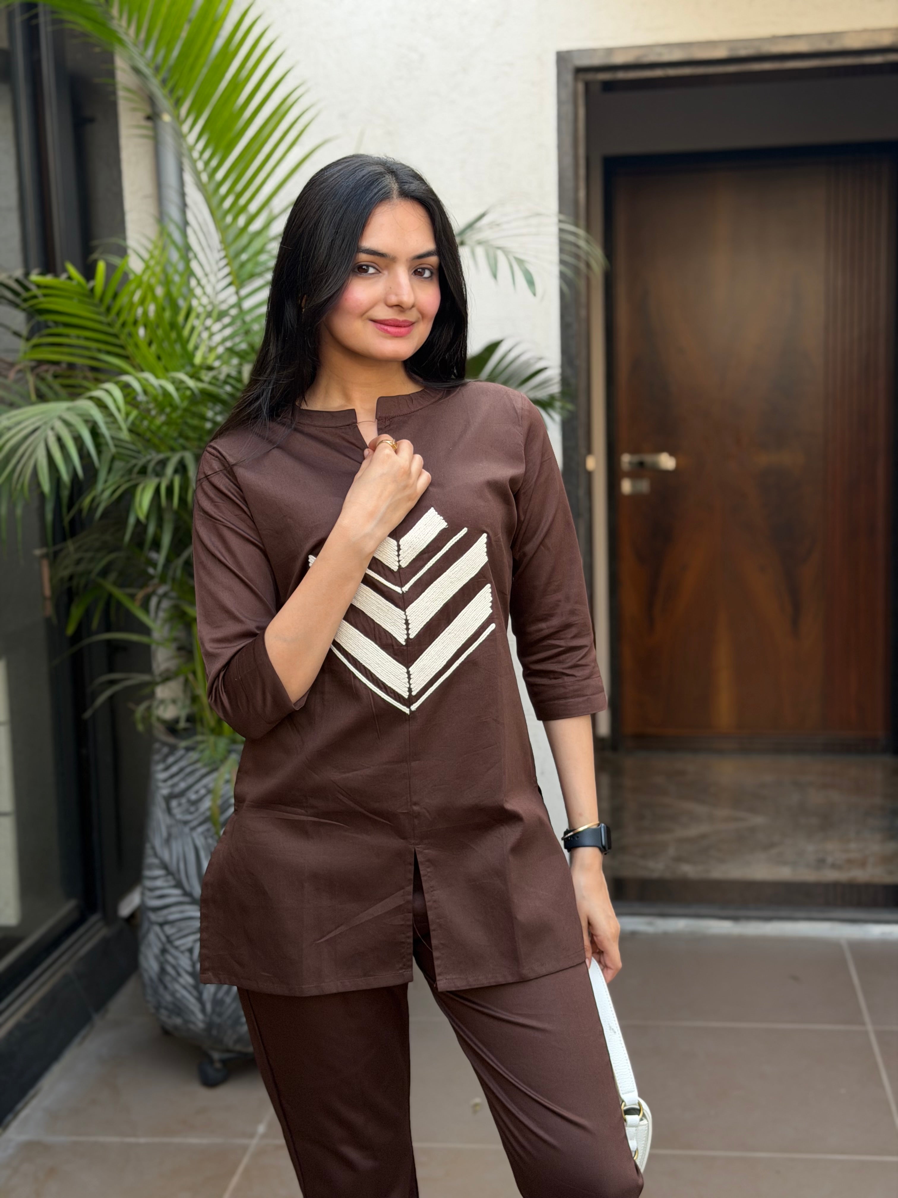 Cocoa Brown Embroidered Giza Silk Coord Set
