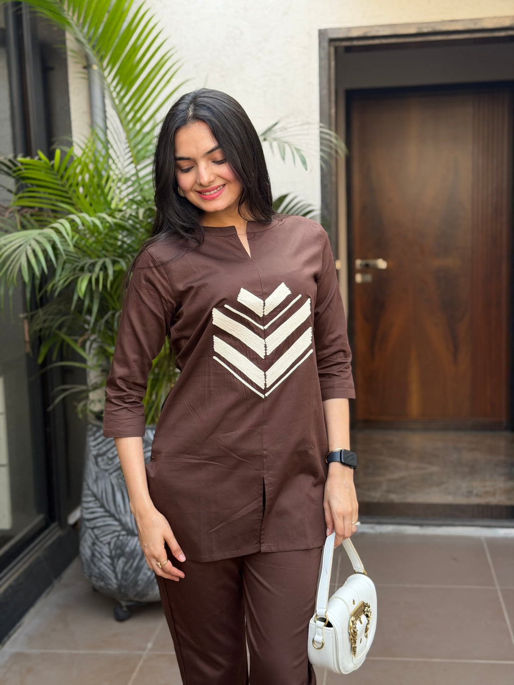 Cocoa Brown Embroidered Giza Silk Coord Set