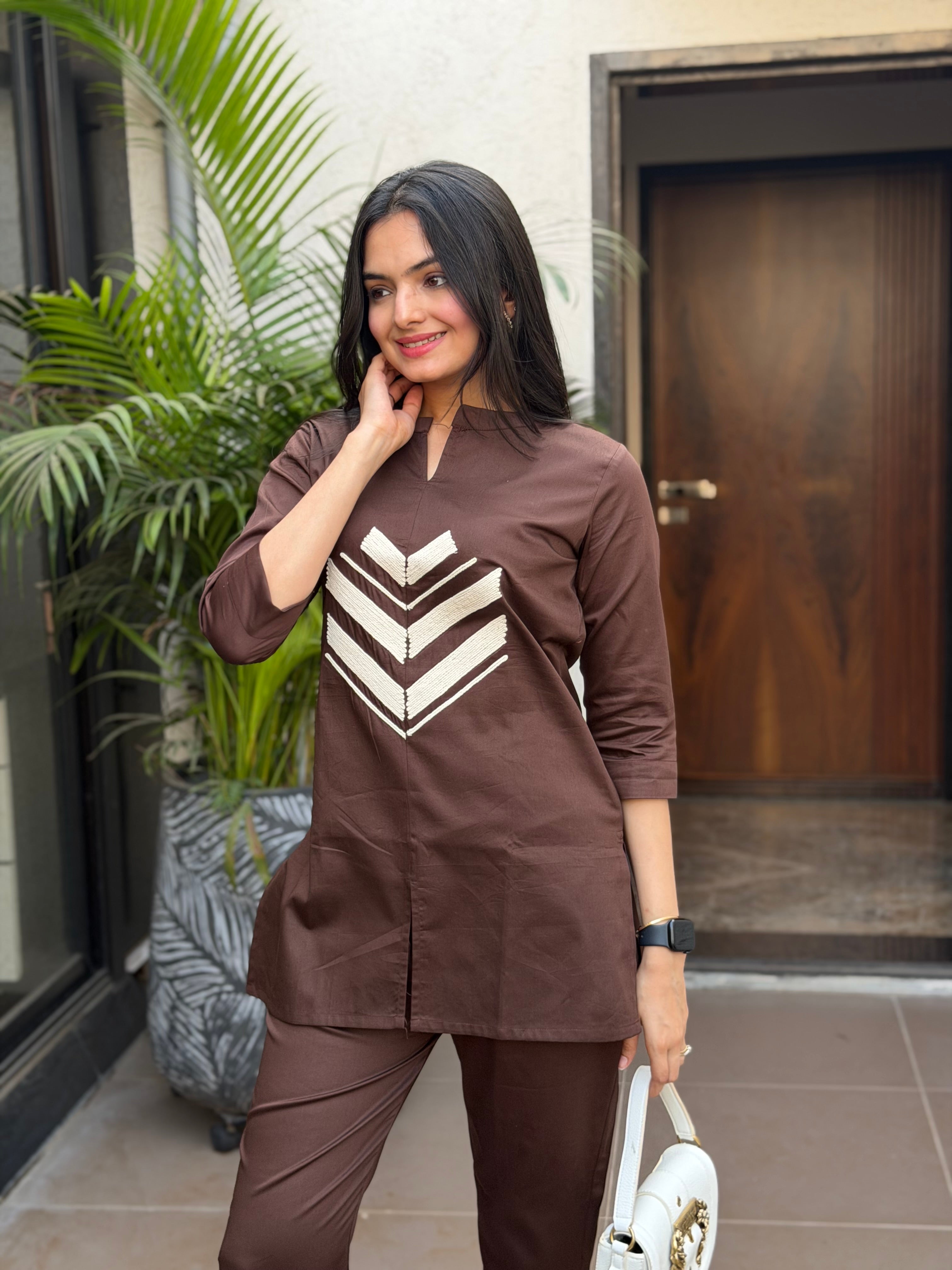 Cocoa Brown Embroidered Giza Silk Coord Set