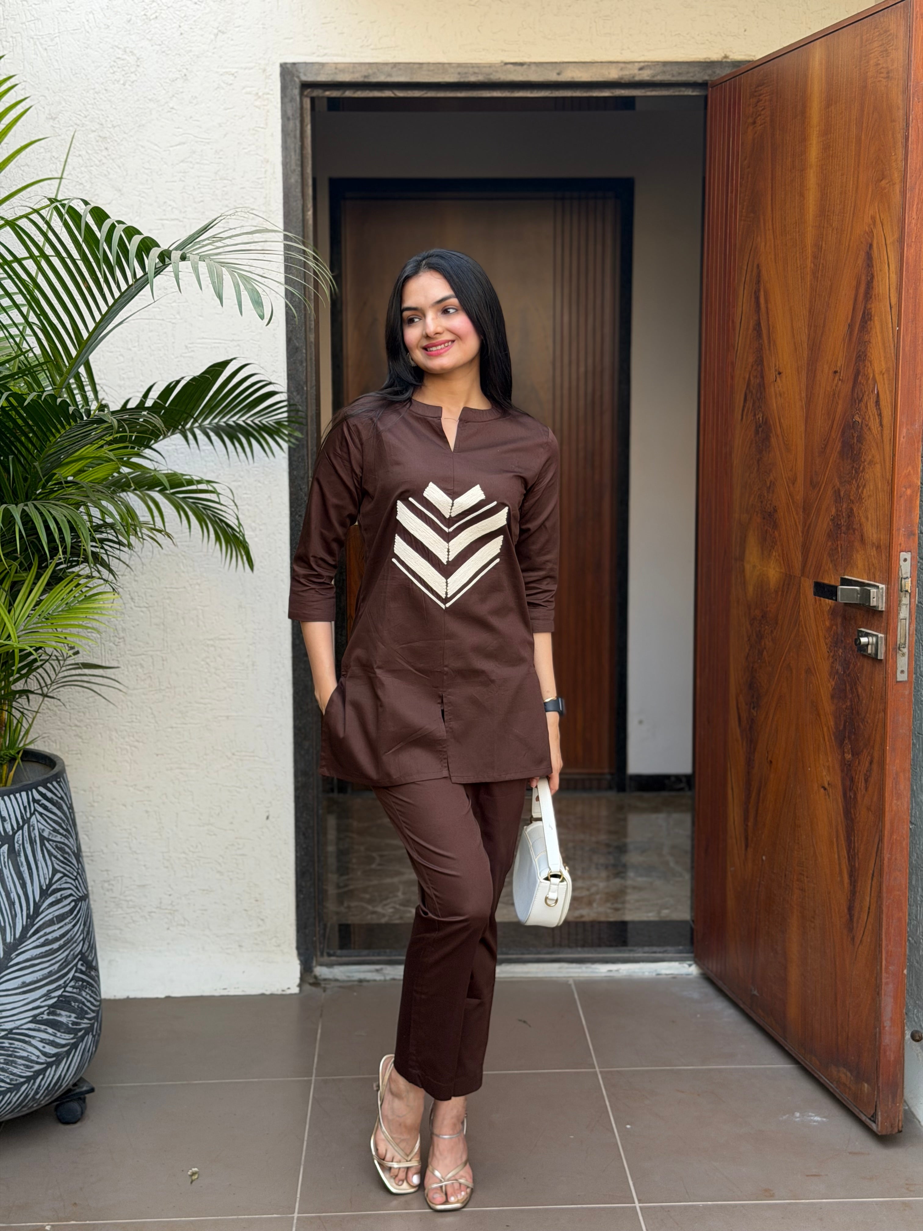 Cocoa Brown Embroidered Giza Silk Coord Set