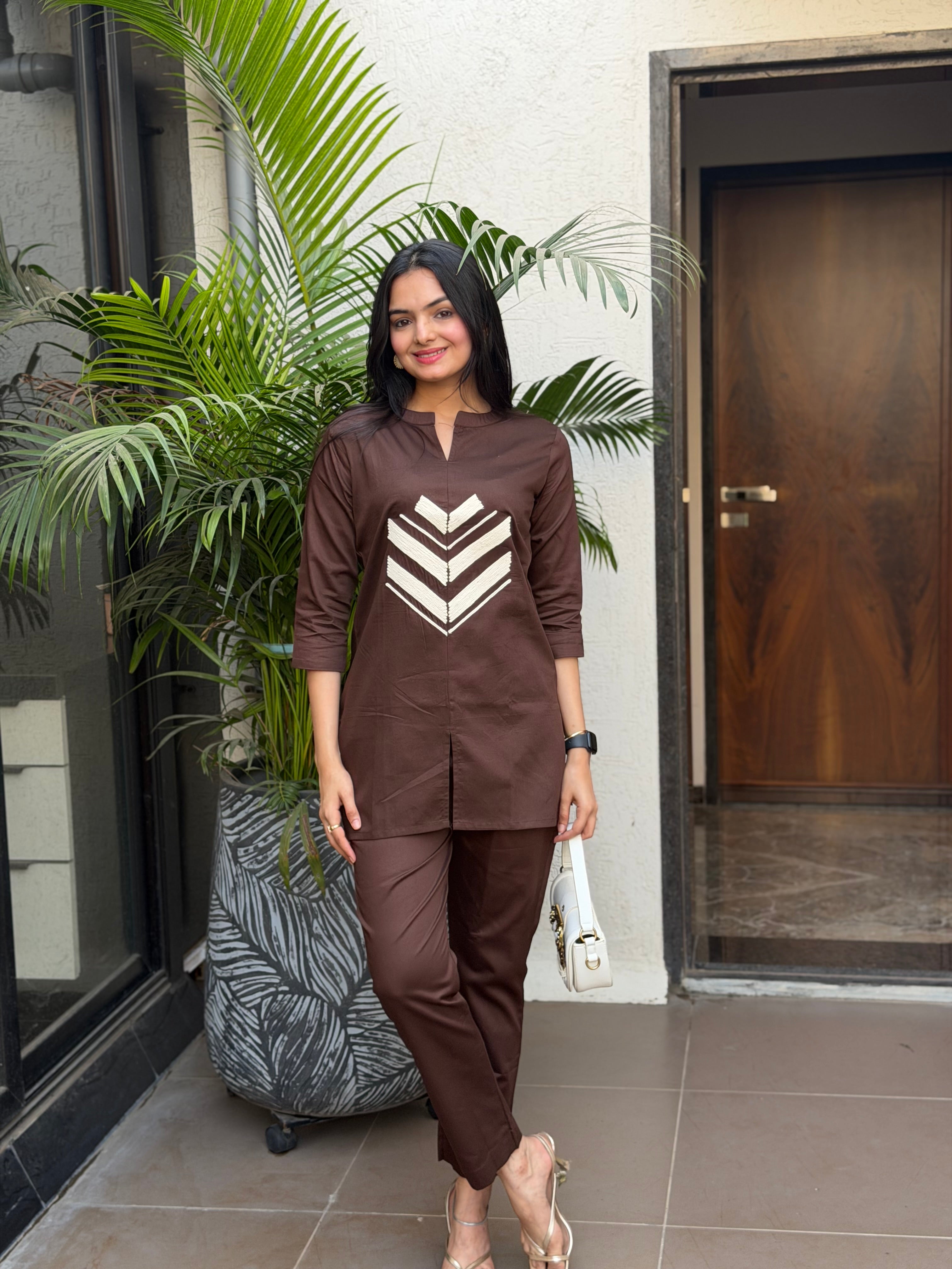 Cocoa Brown Embroidered Giza Silk Coord Set