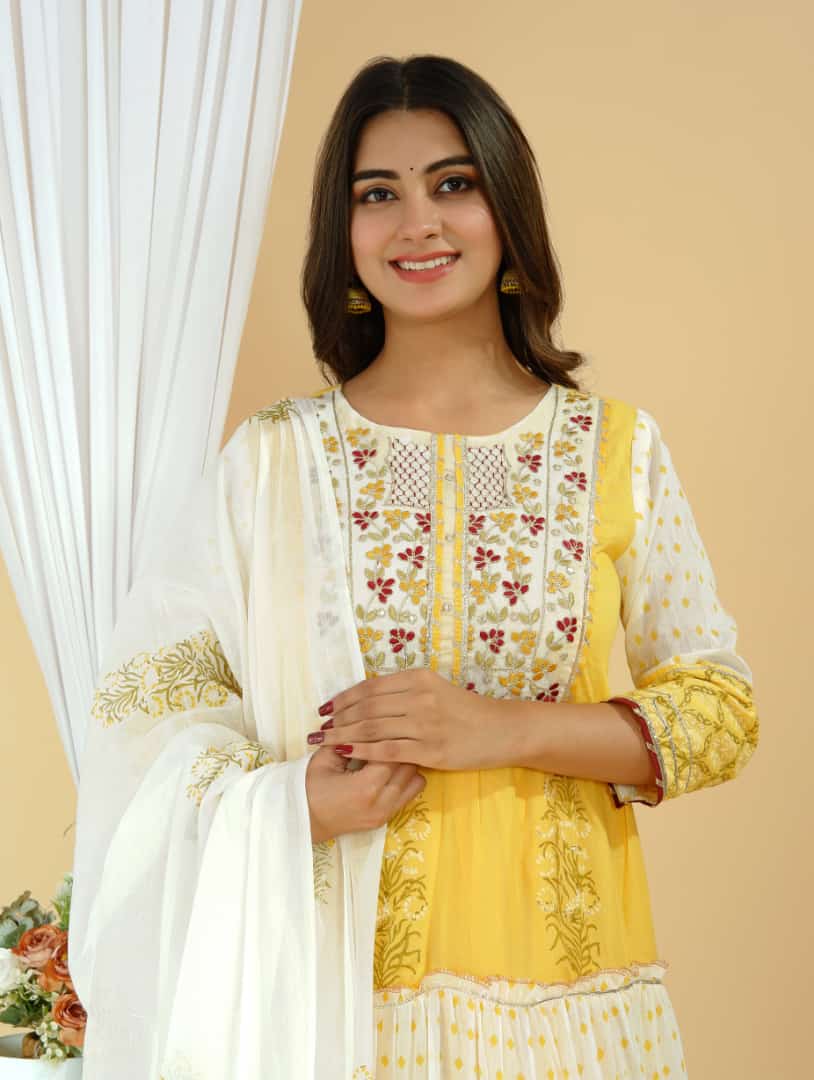 Yellow and off white Gown with dupatta