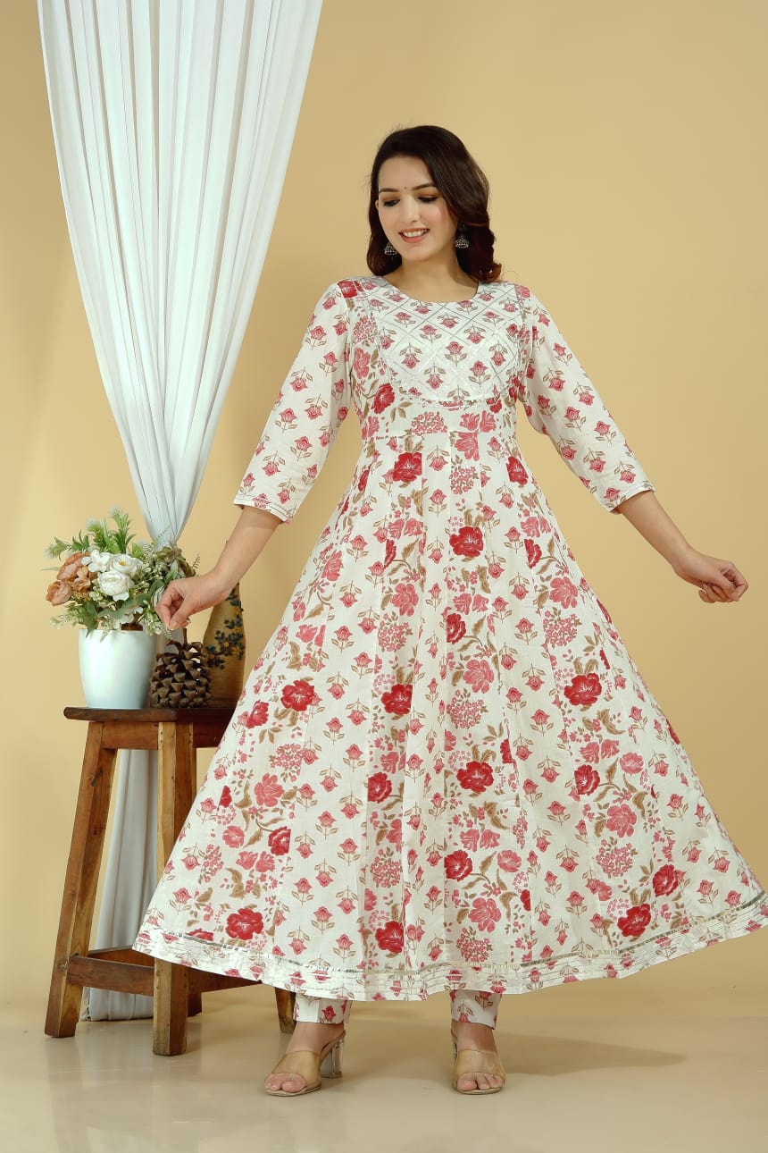 Pink Floral Print Anarkali Set