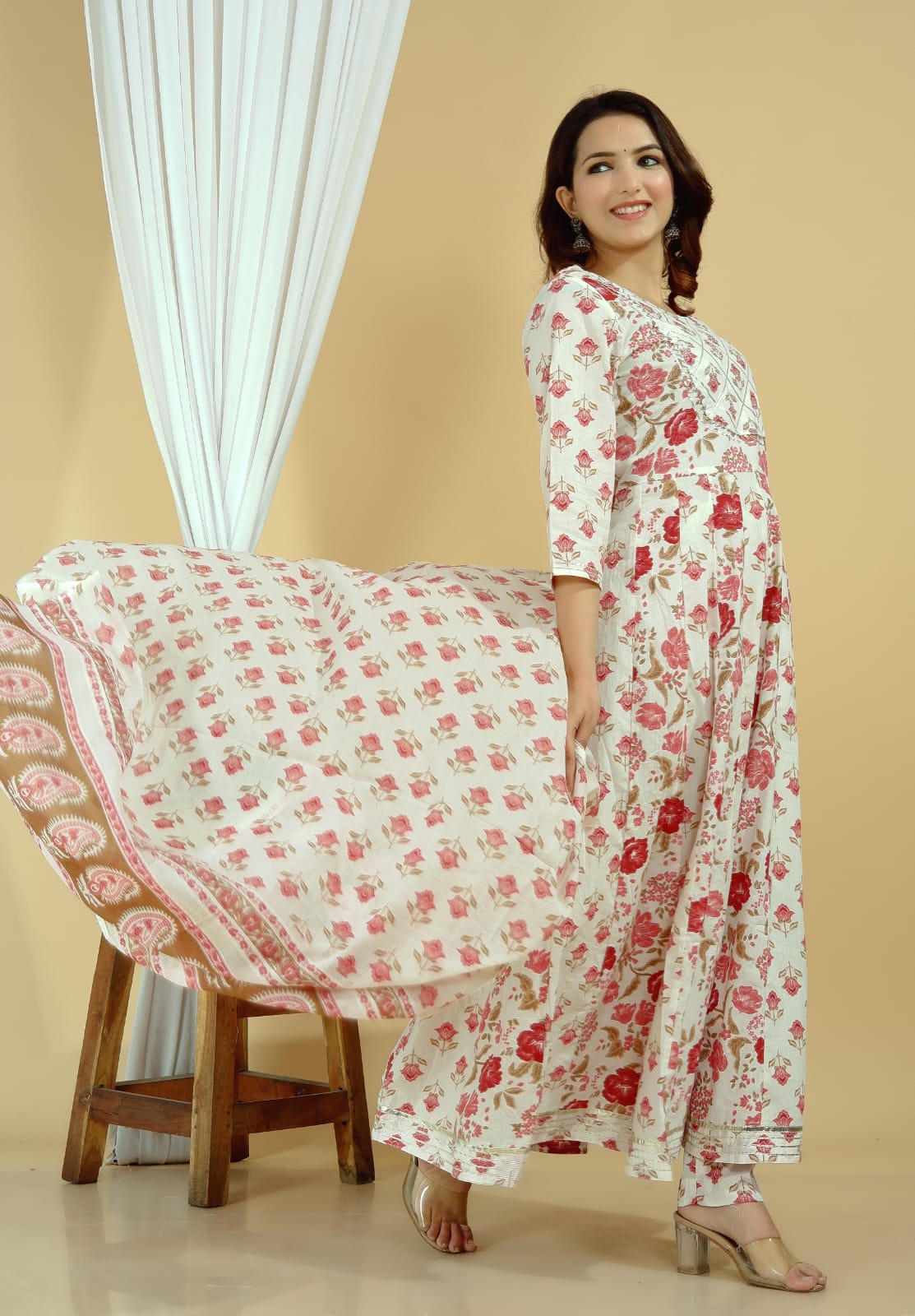 Pink Floral Print Anarkali Set