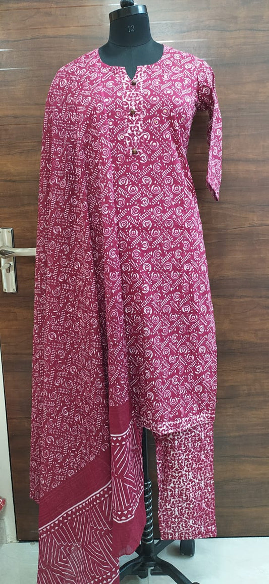 Deep Pink Jaipuri Print Kurti Pant Dupatta Set