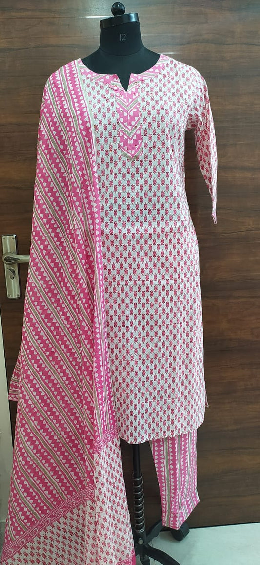 Pink Buti Print Kurti Pant Dupatta Set