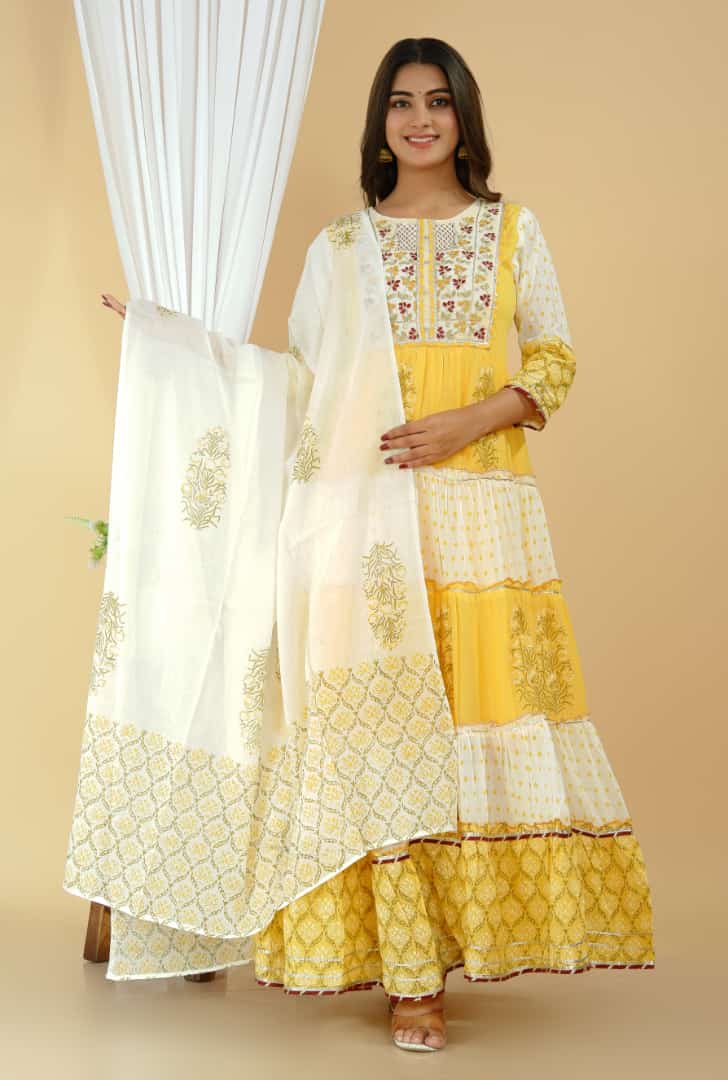 Yellow and off white Gown with dupatta