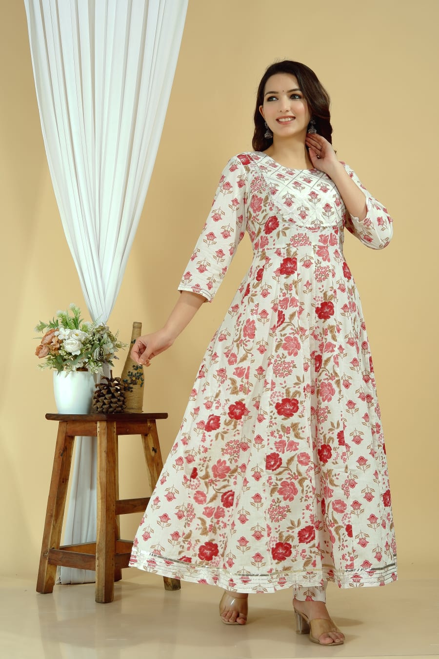 Pink Floral Print Anarkali Set