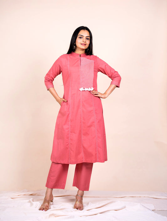 Flamingo Pink Embroidered Cotton Co-ord Set