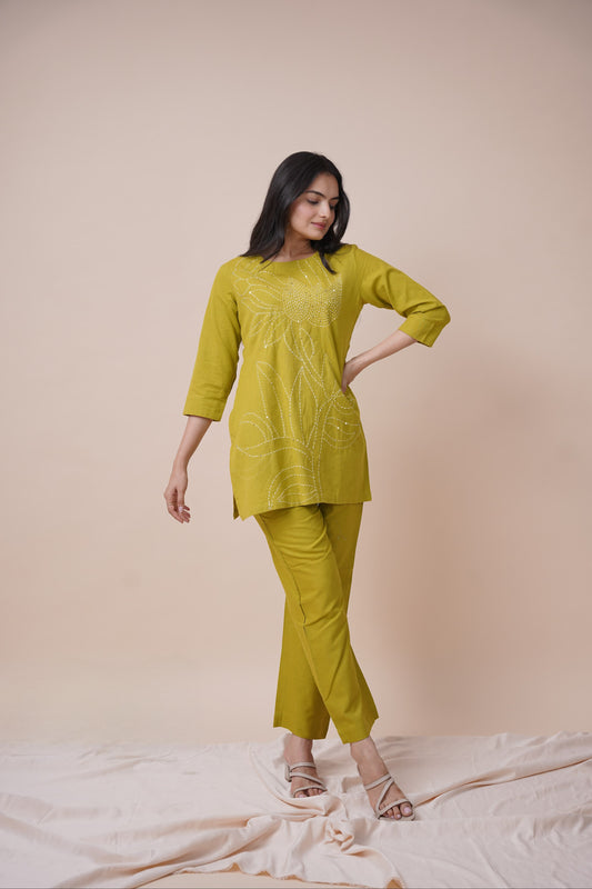 Abstract Embroidery Green Cotton Flex Co-ord Set