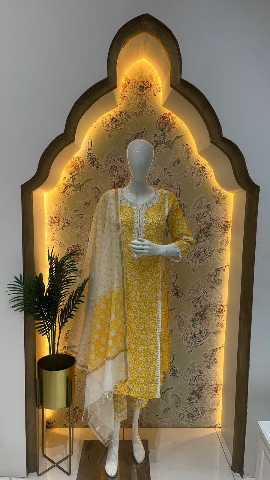 Yellow Floral Print Kurti With Pant & Chanderi Dupatta Set