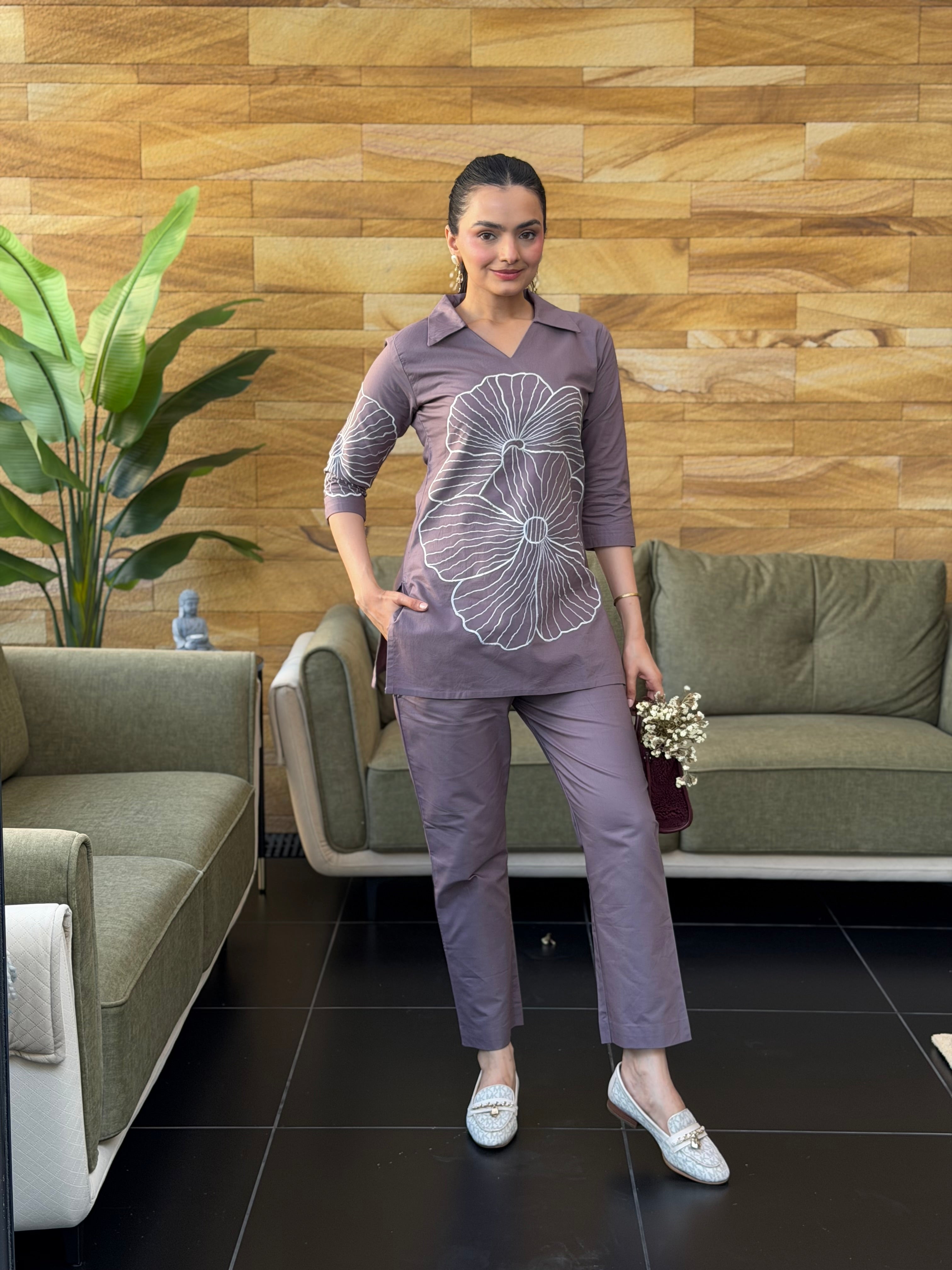 Dusty Mauve Thread Embroidered Cotton Oxford Coord Set