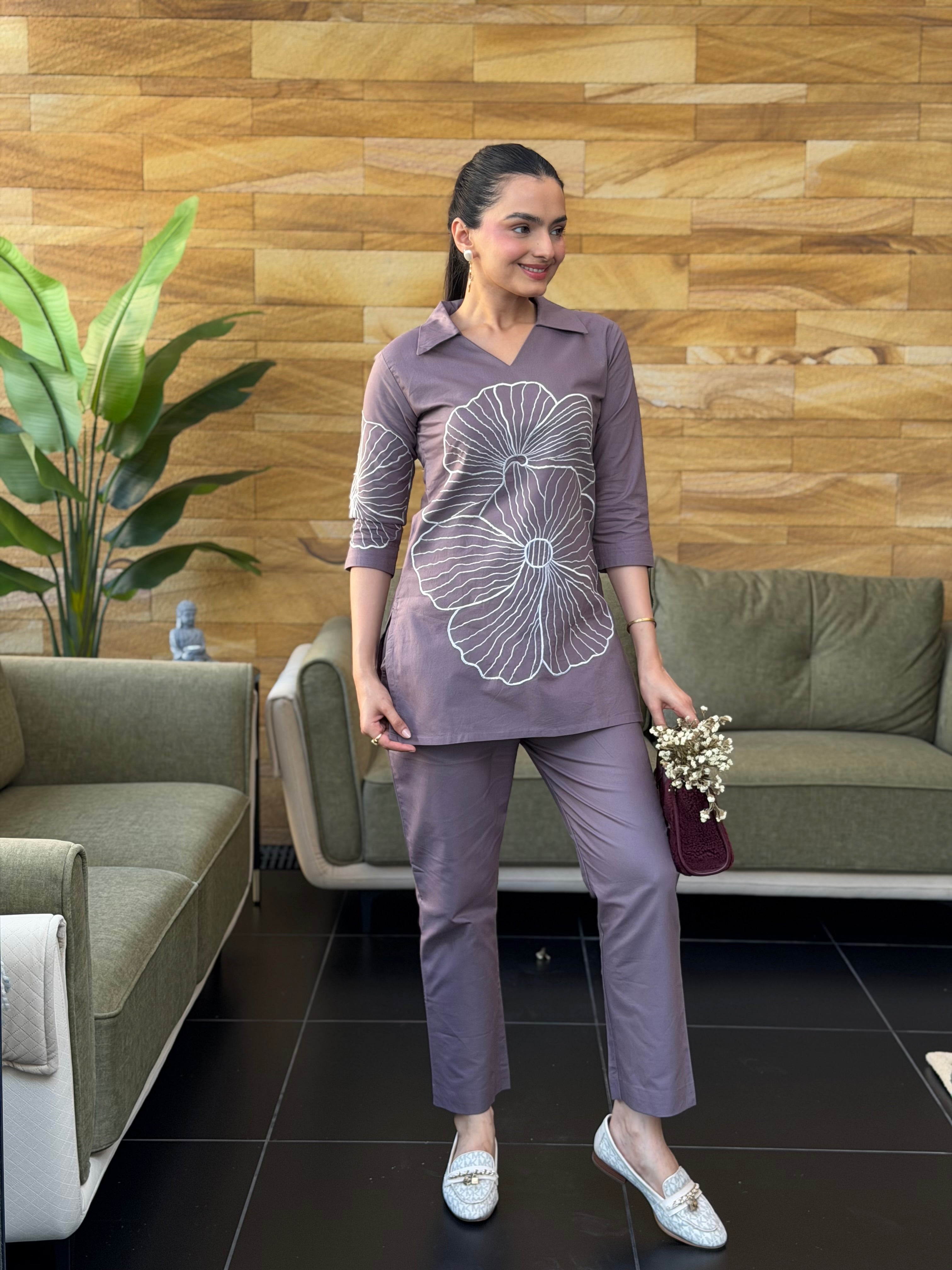 Dusty Mauve Thread Embroidered Cotton Oxford Coord Set