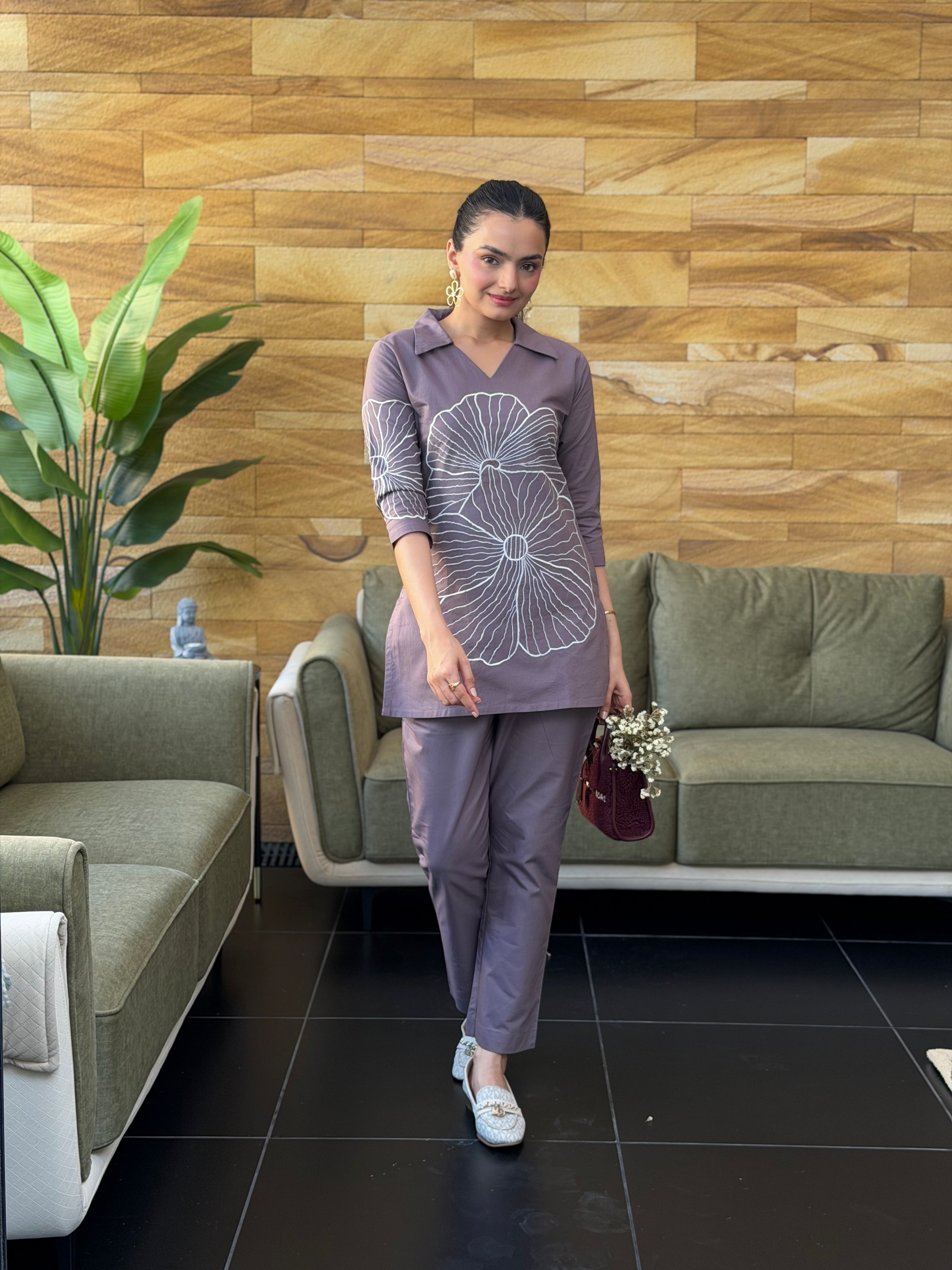 Dusty Mauve Thread Embroidered Cotton Oxford Coord Set