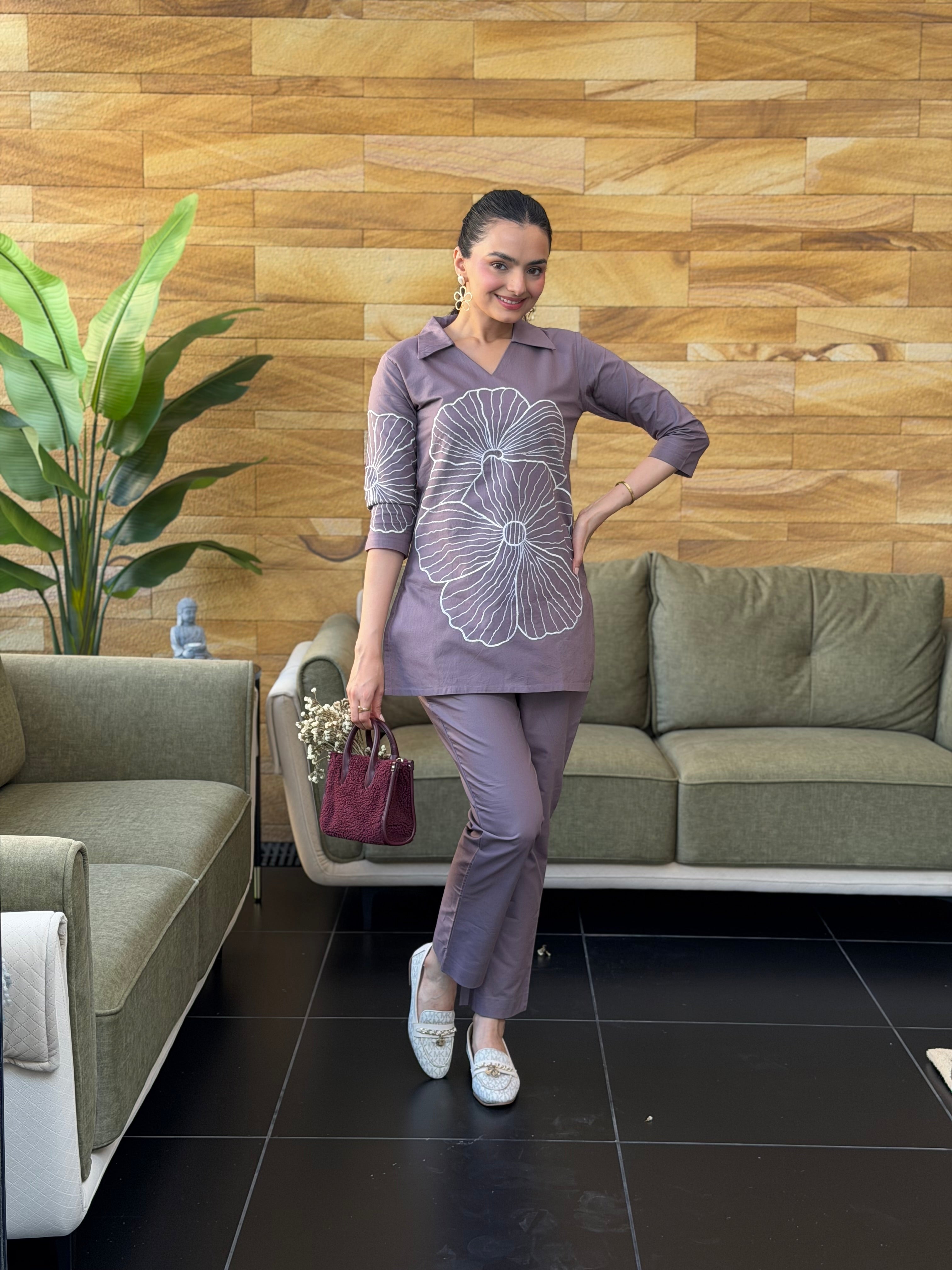 Dusty Mauve Thread Embroidered Cotton Oxford Coord Set