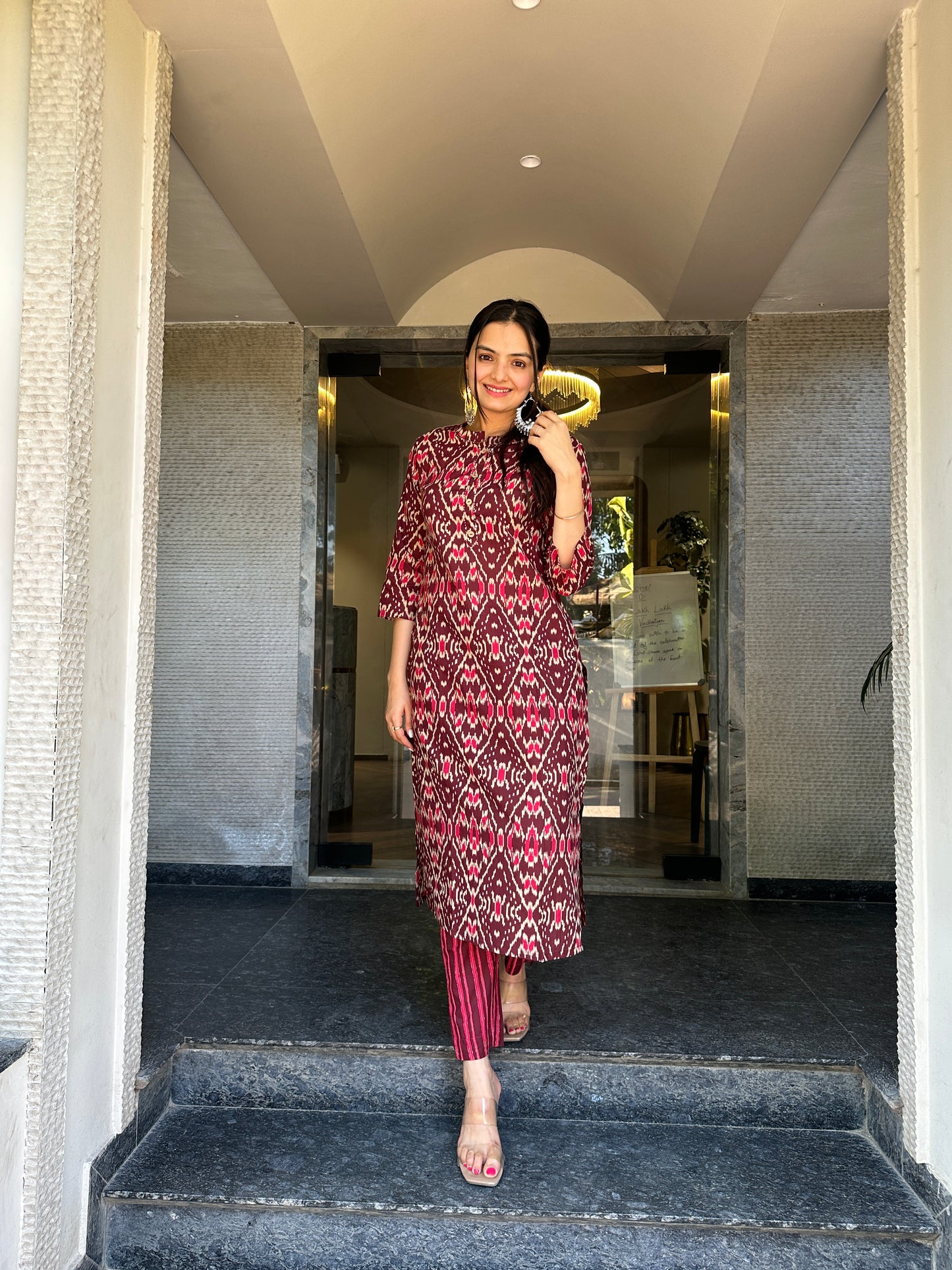 Elegant maroon ikat print kurti pant set