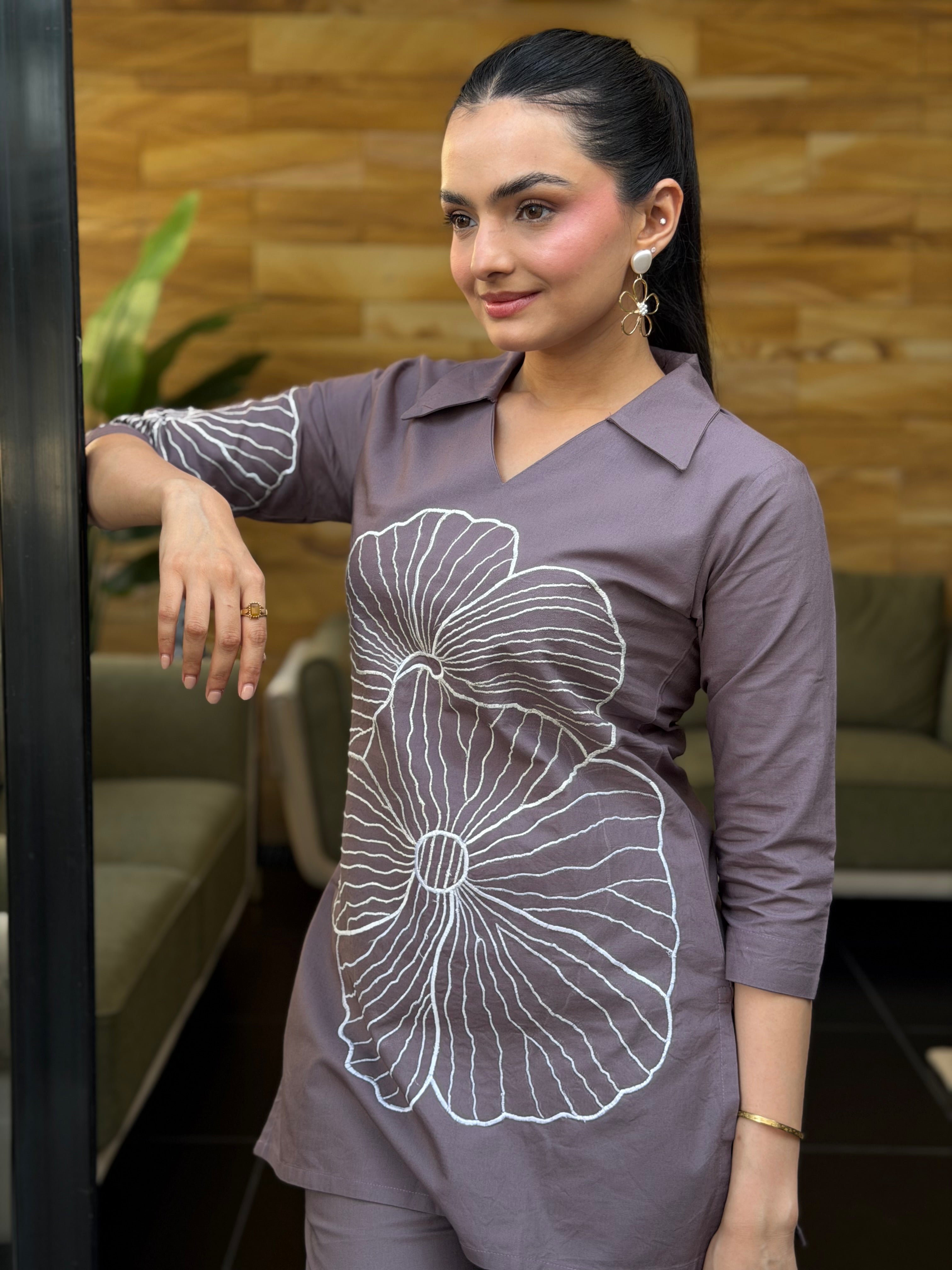 Dusty Mauve Thread Embroidered Cotton Oxford Coord Set