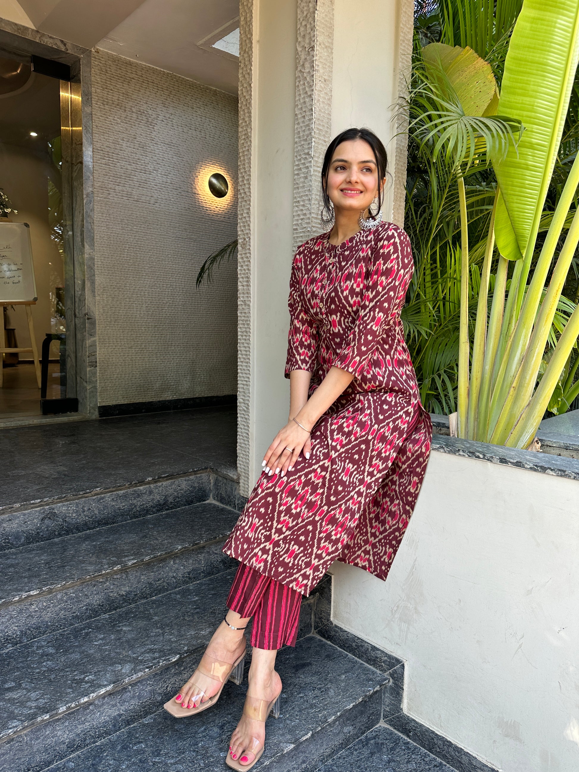 Elegant maroon ikat print kurti pant set