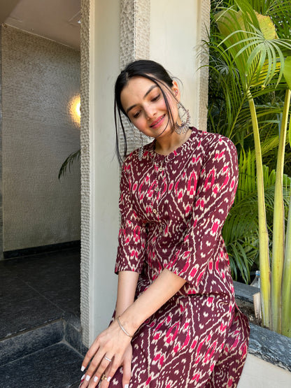 Elegant Maroon Ikat Print Only Kurti
