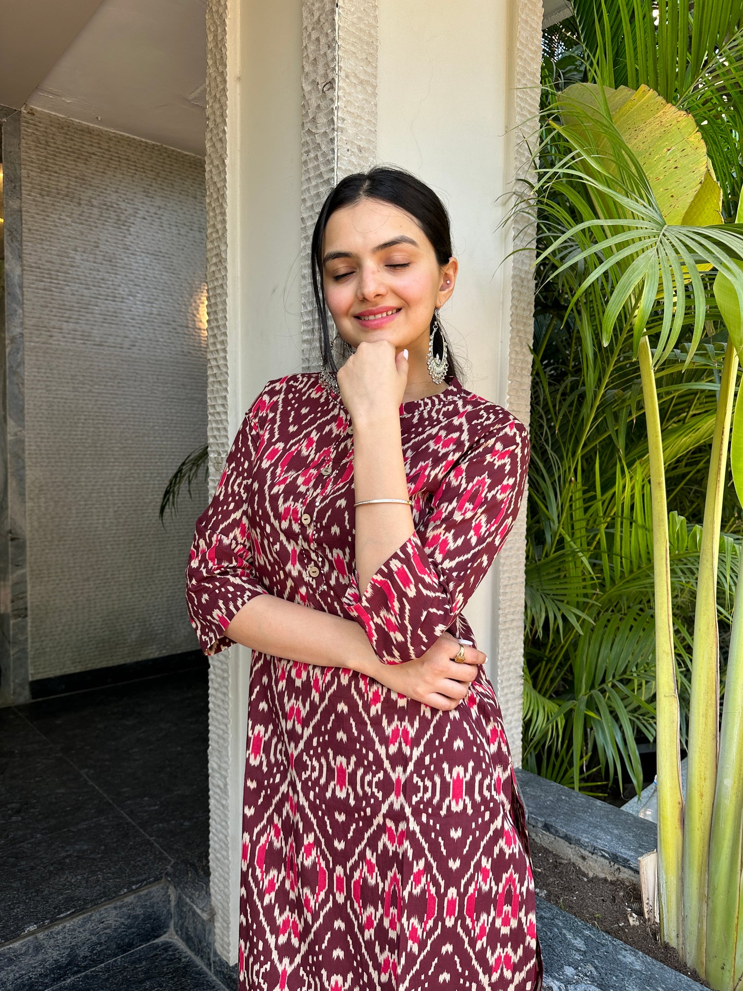 Elegant maroon ikat print kurti pant set