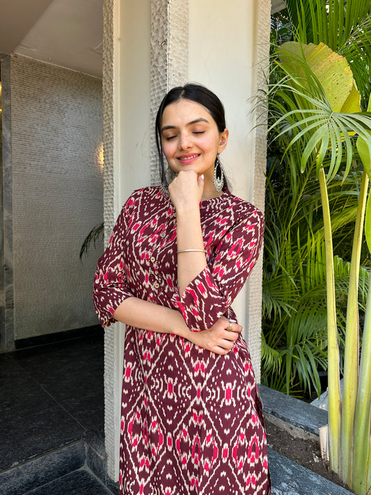 Elegant Maroon Ikat Print Only Kurti