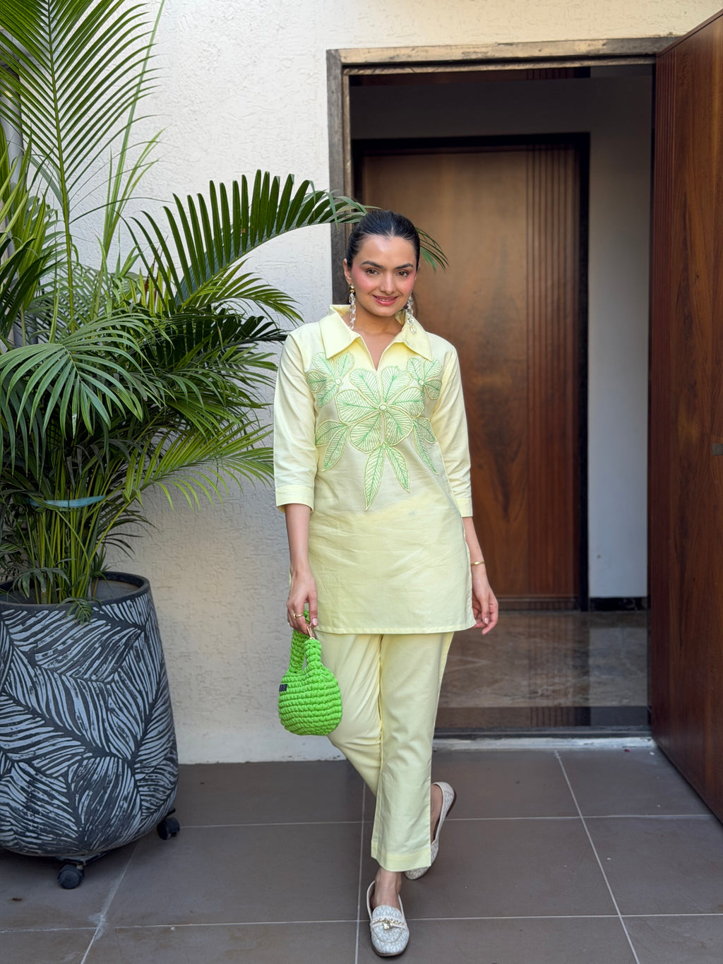 Elegant Lemon Floral Applique Cotton Oxford Coord Set