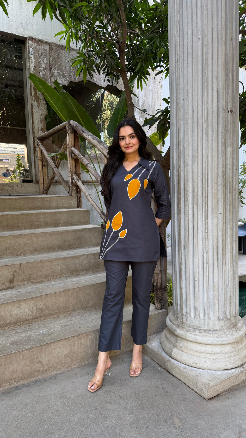 Charcoal Grey Leaf Applique Cotton Oxford Coord Set