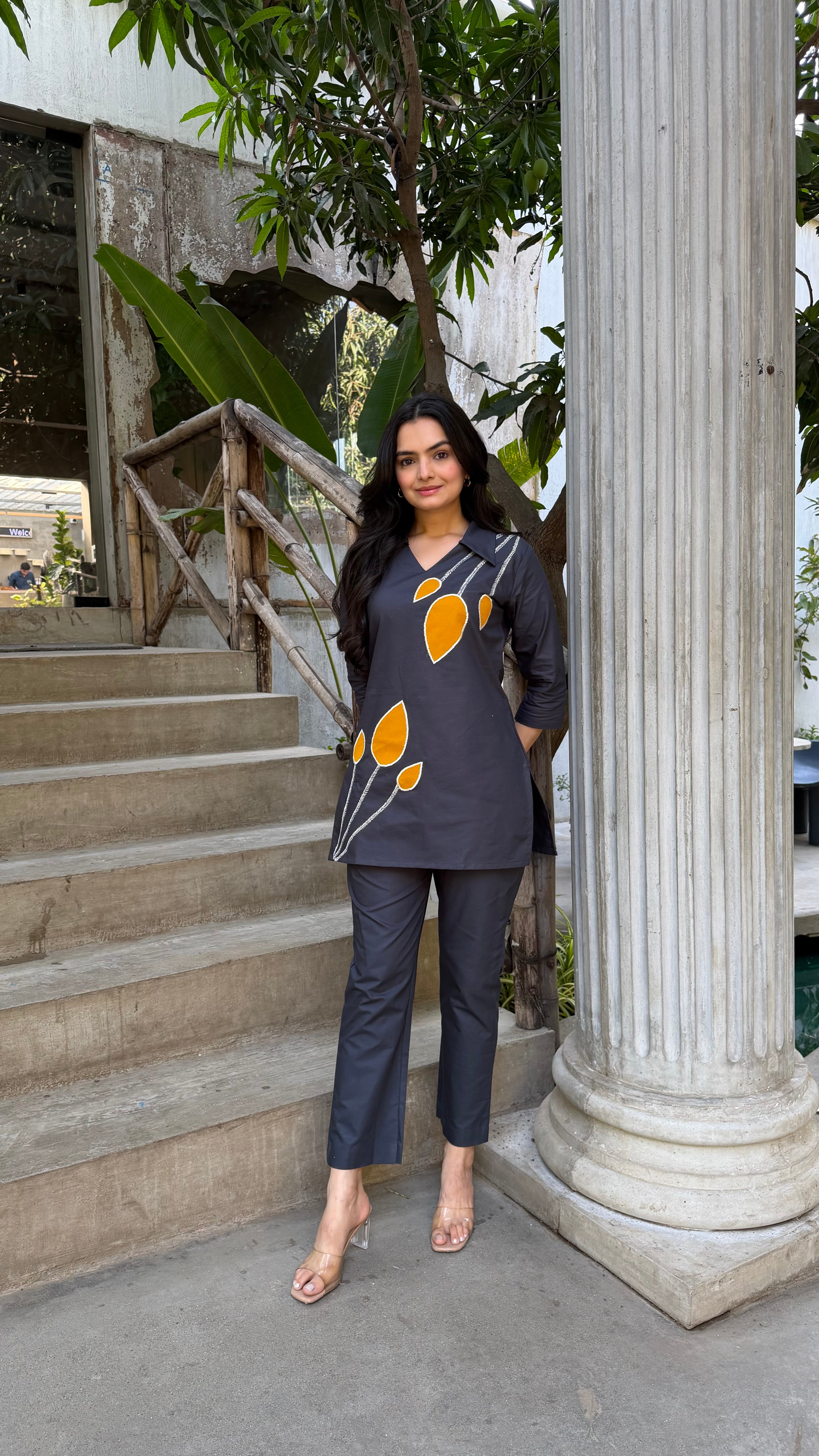 Charcoal Grey Leaf Applique Cotton Oxford Coord Set