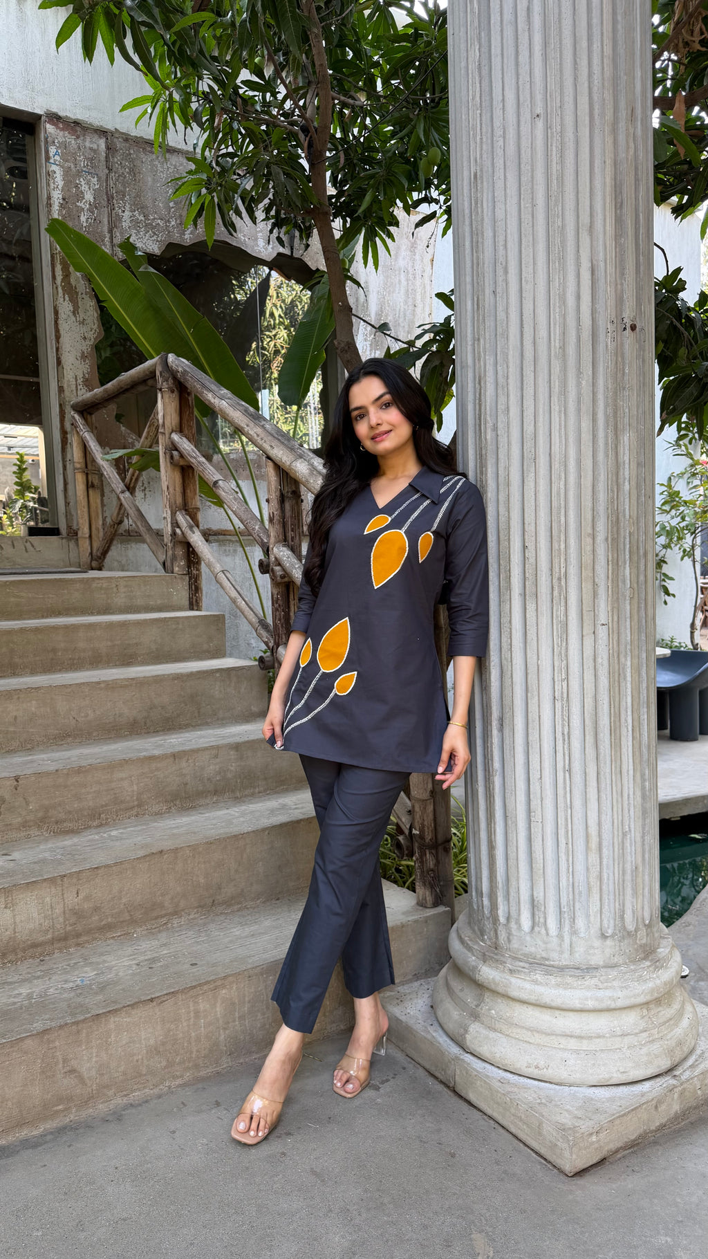 Charcoal Grey Leaf Applique Cotton Oxford Coord Set