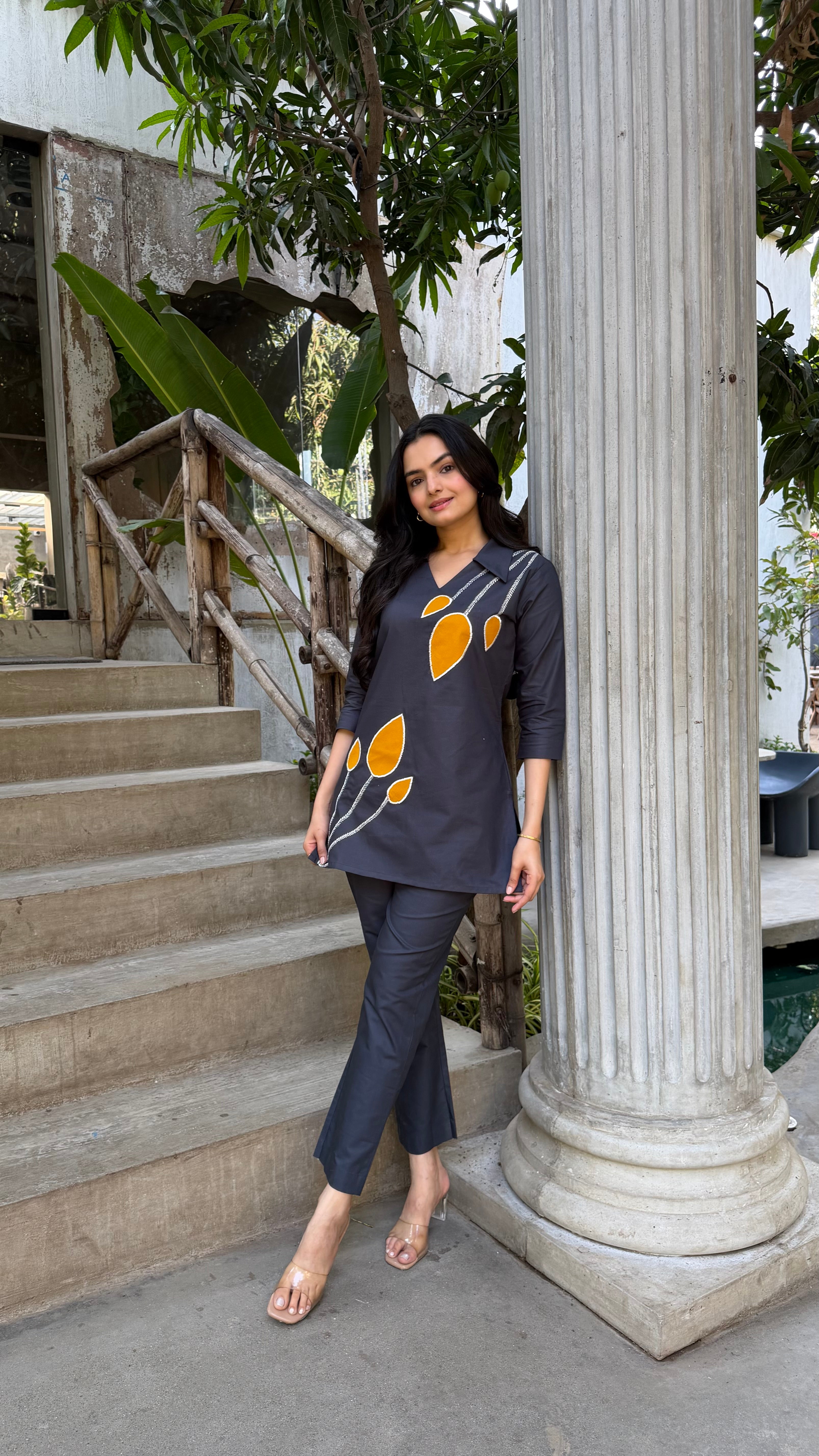 Charcoal Grey Leaf Applique Cotton Oxford Coord Set