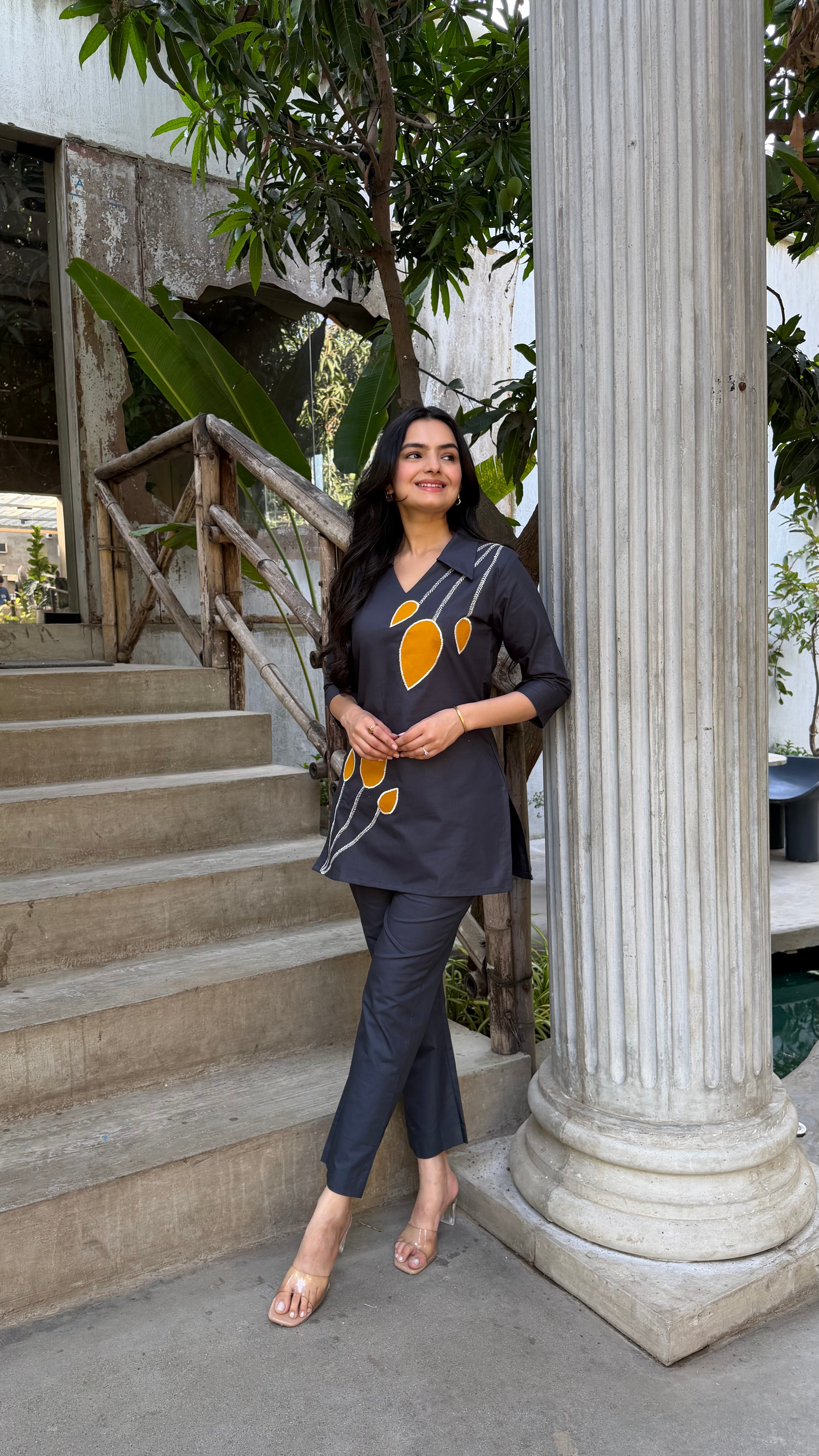 Charcoal Grey Leaf Applique Cotton Oxford Coord Set