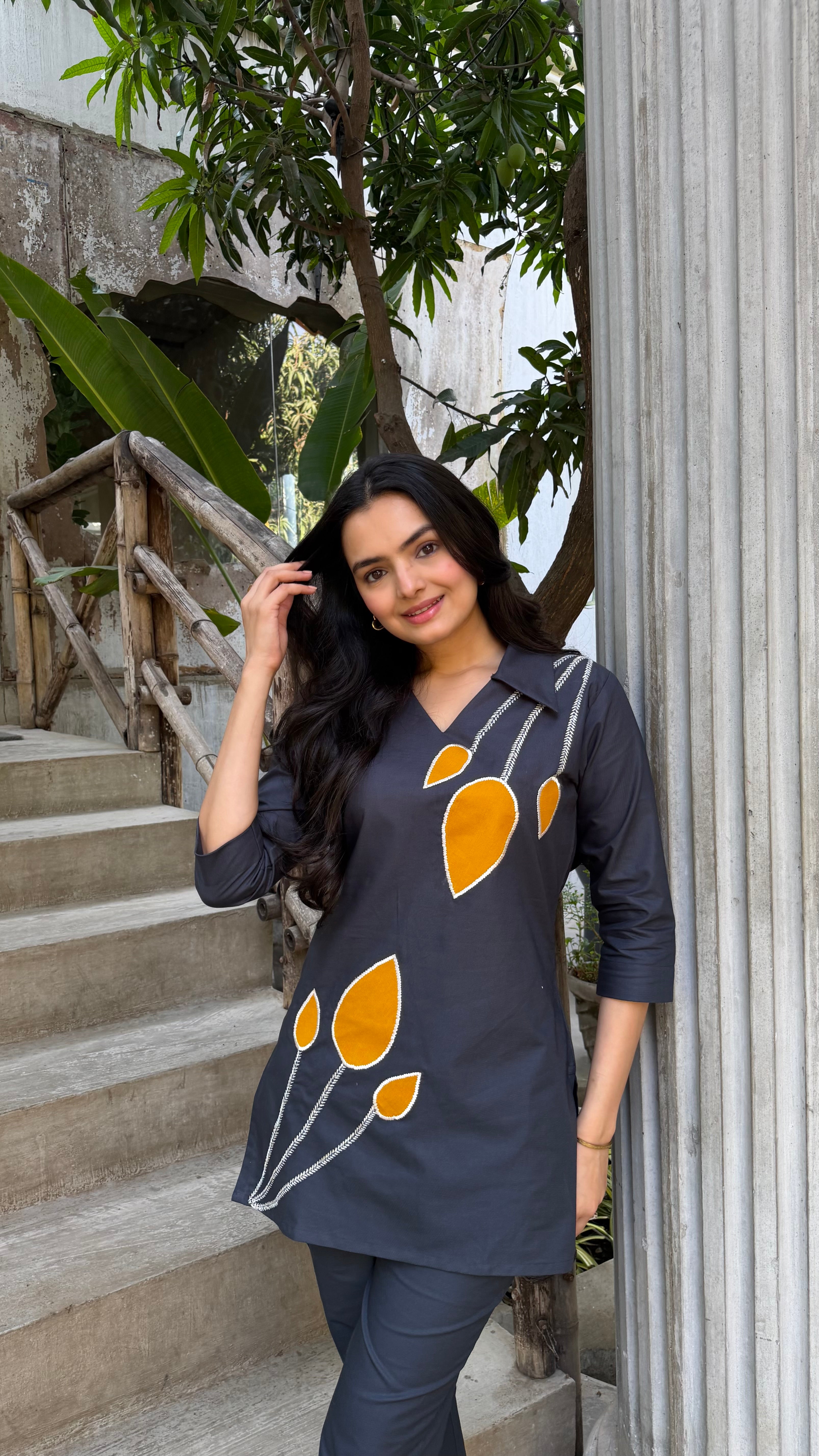 Charcoal Grey Leaf Applique Cotton Oxford Coord Set