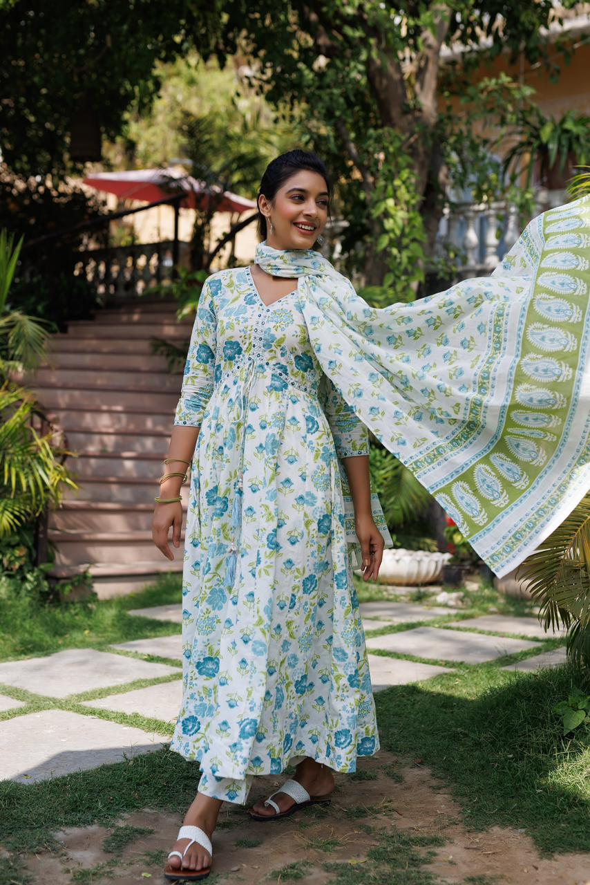 Buy Blue Anarkali Suit with Floral Print- Savistudio