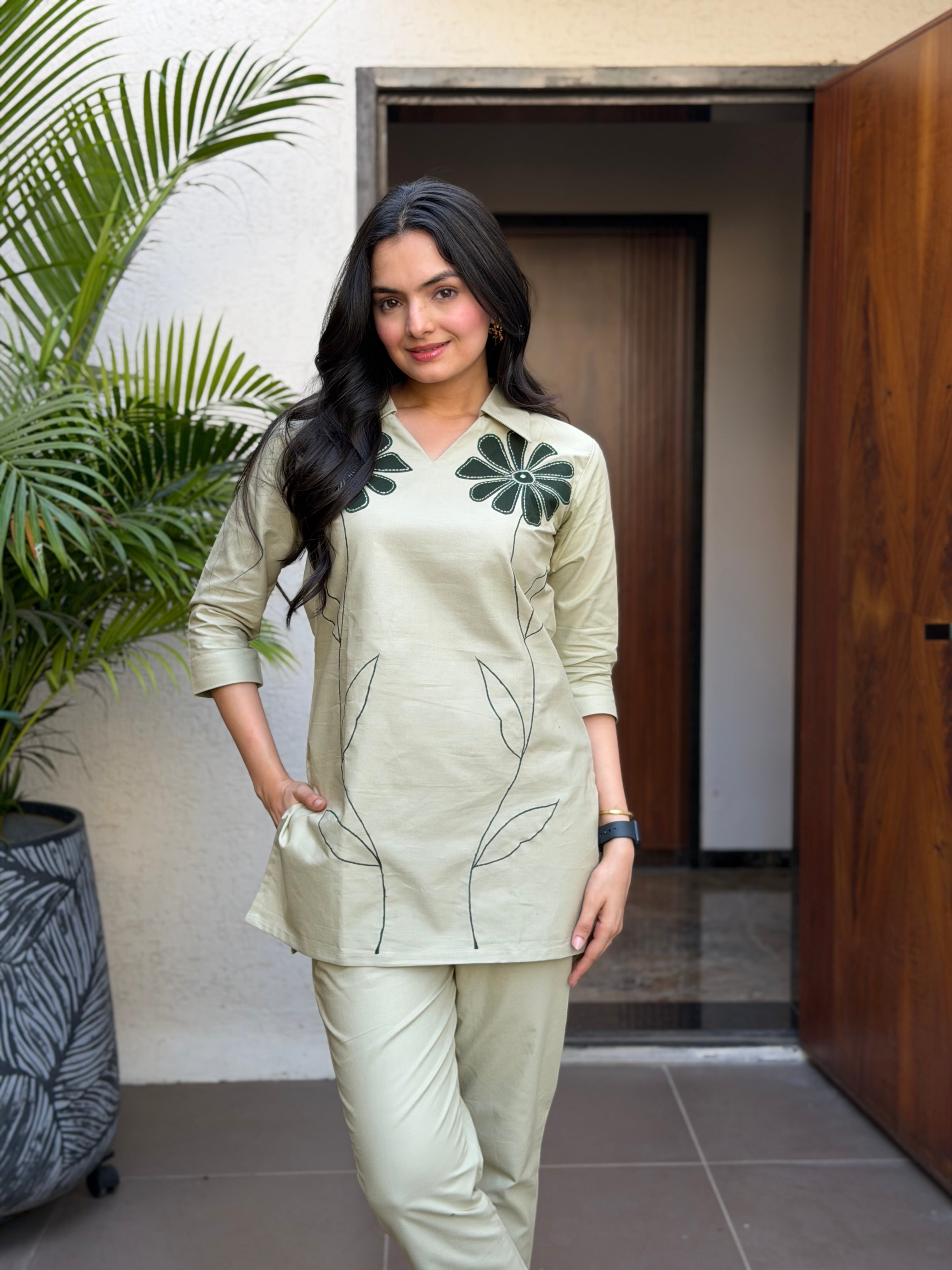 Saga Green Floral Applique Cotton Oxford Coord Set