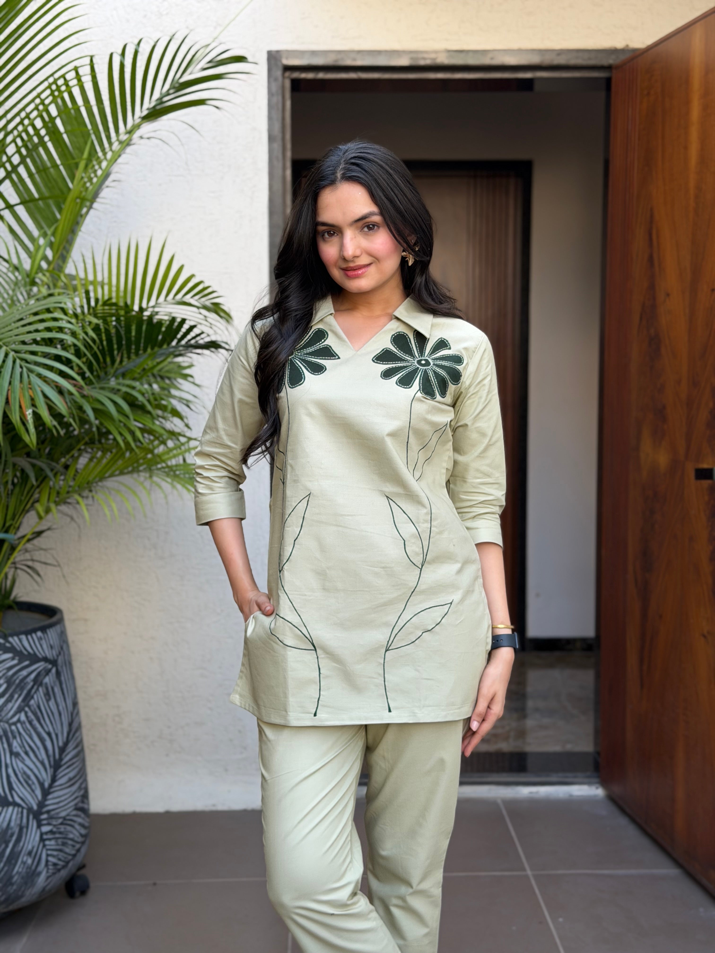 Saga Green Floral Applique Cotton Oxford Coord Set