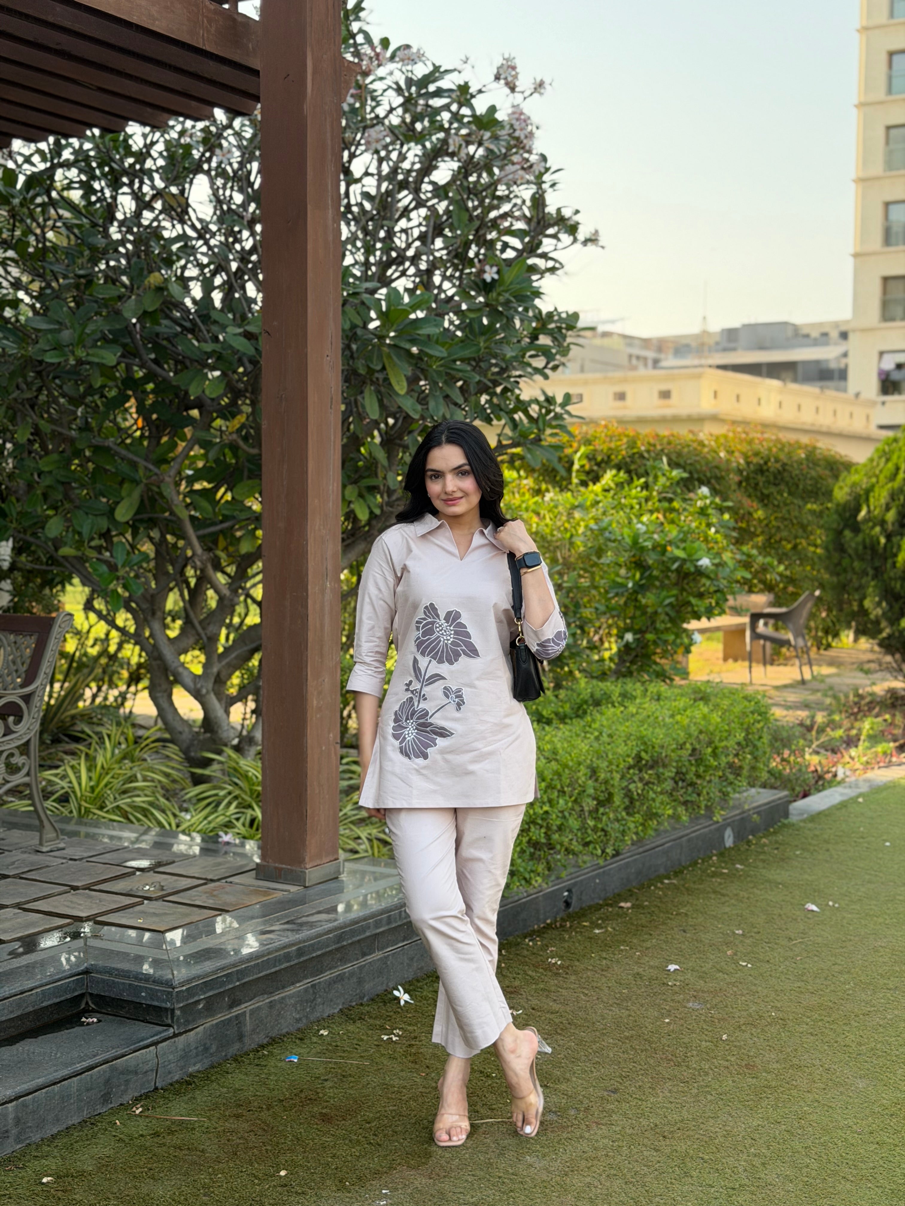 Solid Beige Applique Cotton Oxford Coord Set