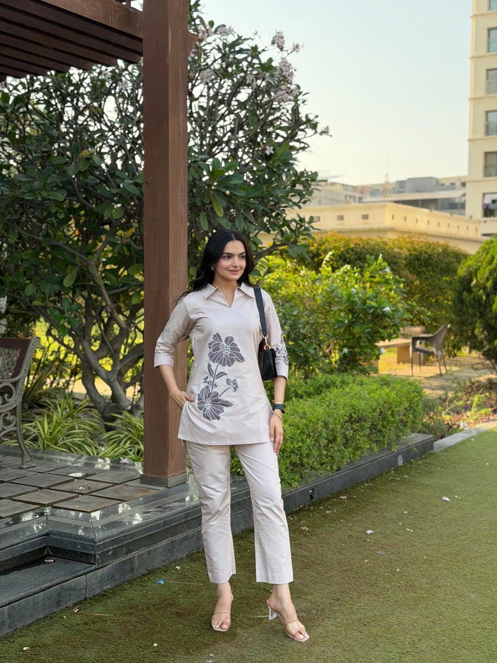 Solid Beige Applique Cotton Oxford Coord Set