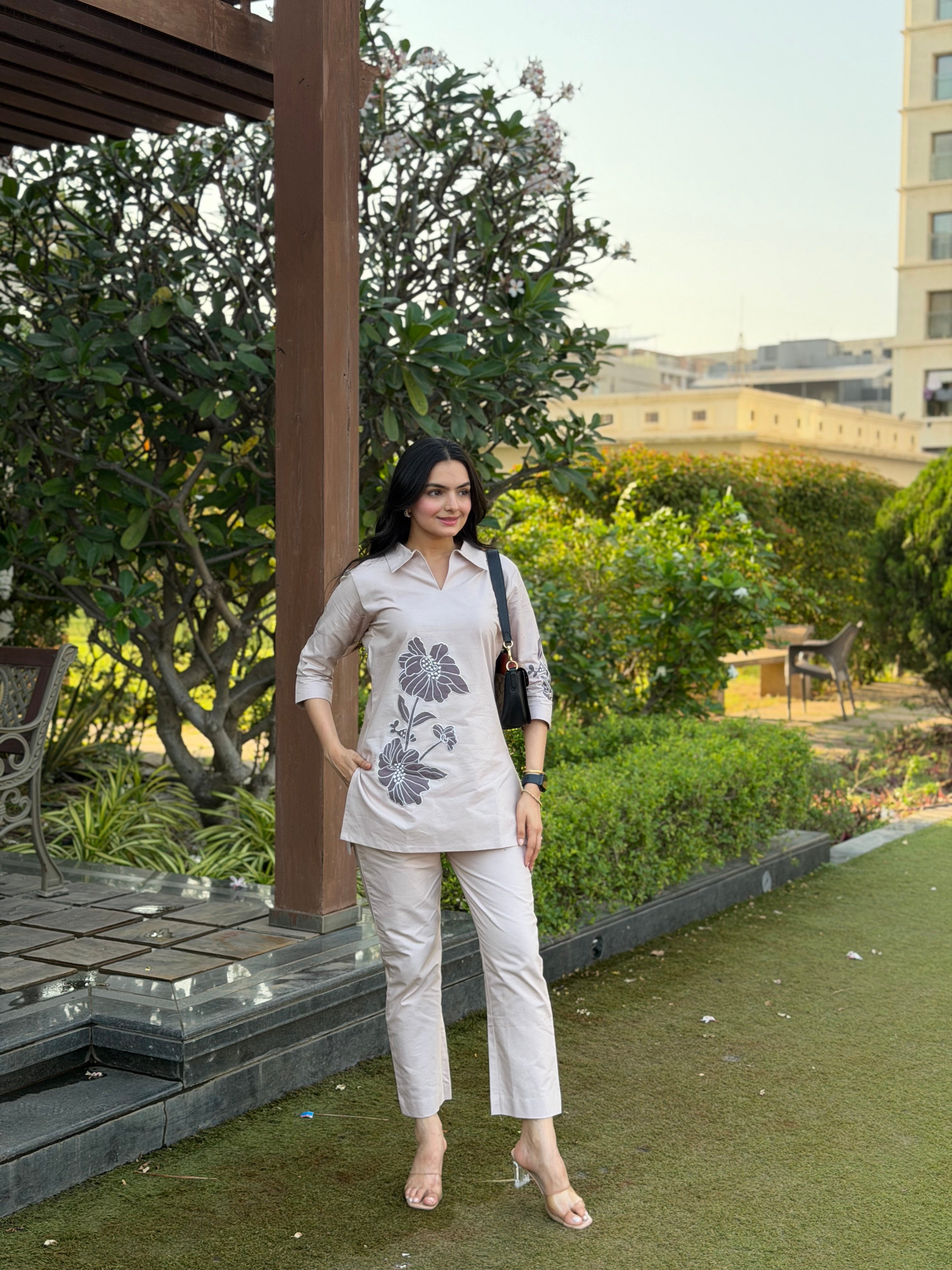Solid Beige Applique Cotton Oxford Coord Set