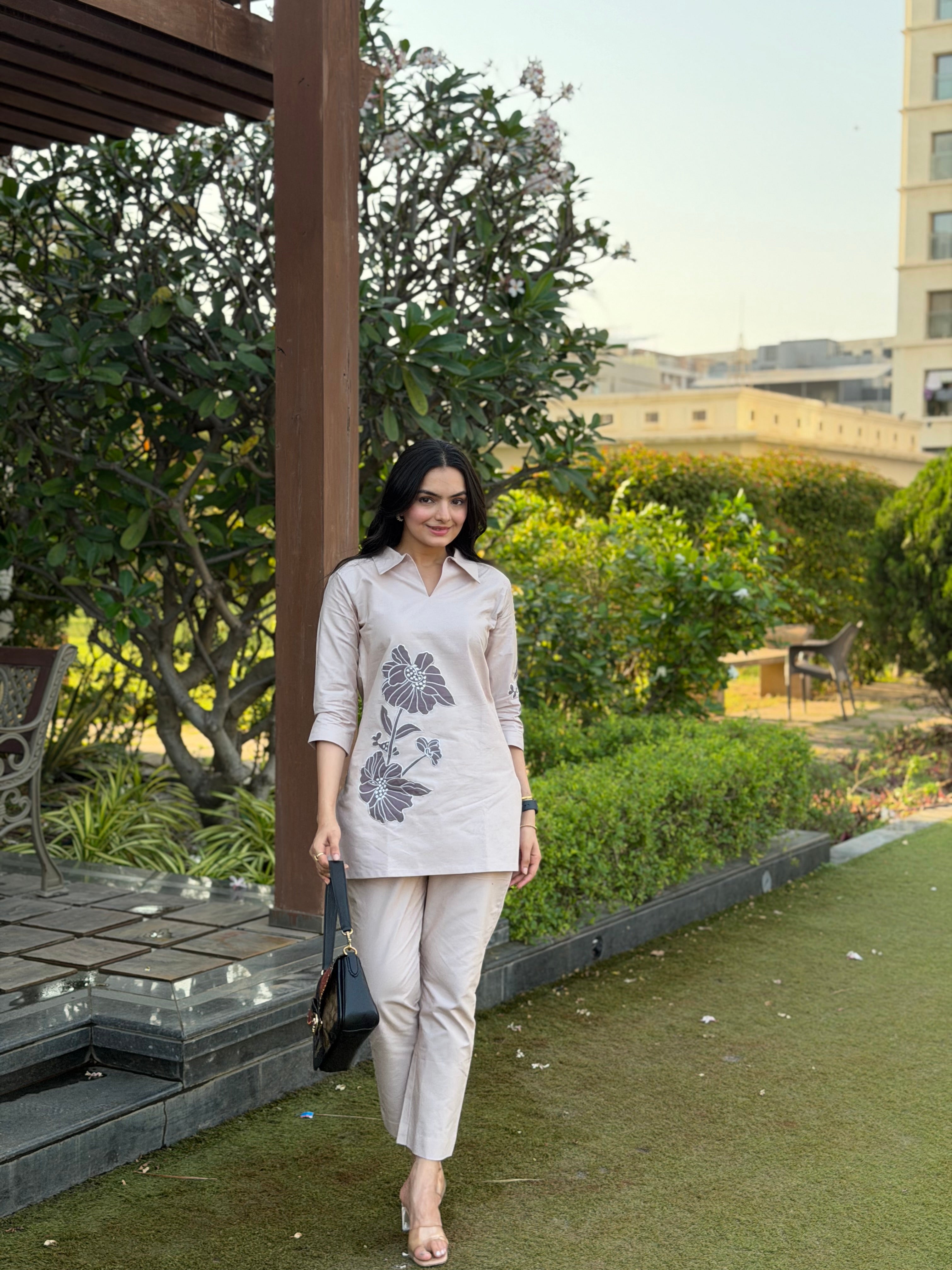 Solid Beige Applique Cotton Oxford Coord Set