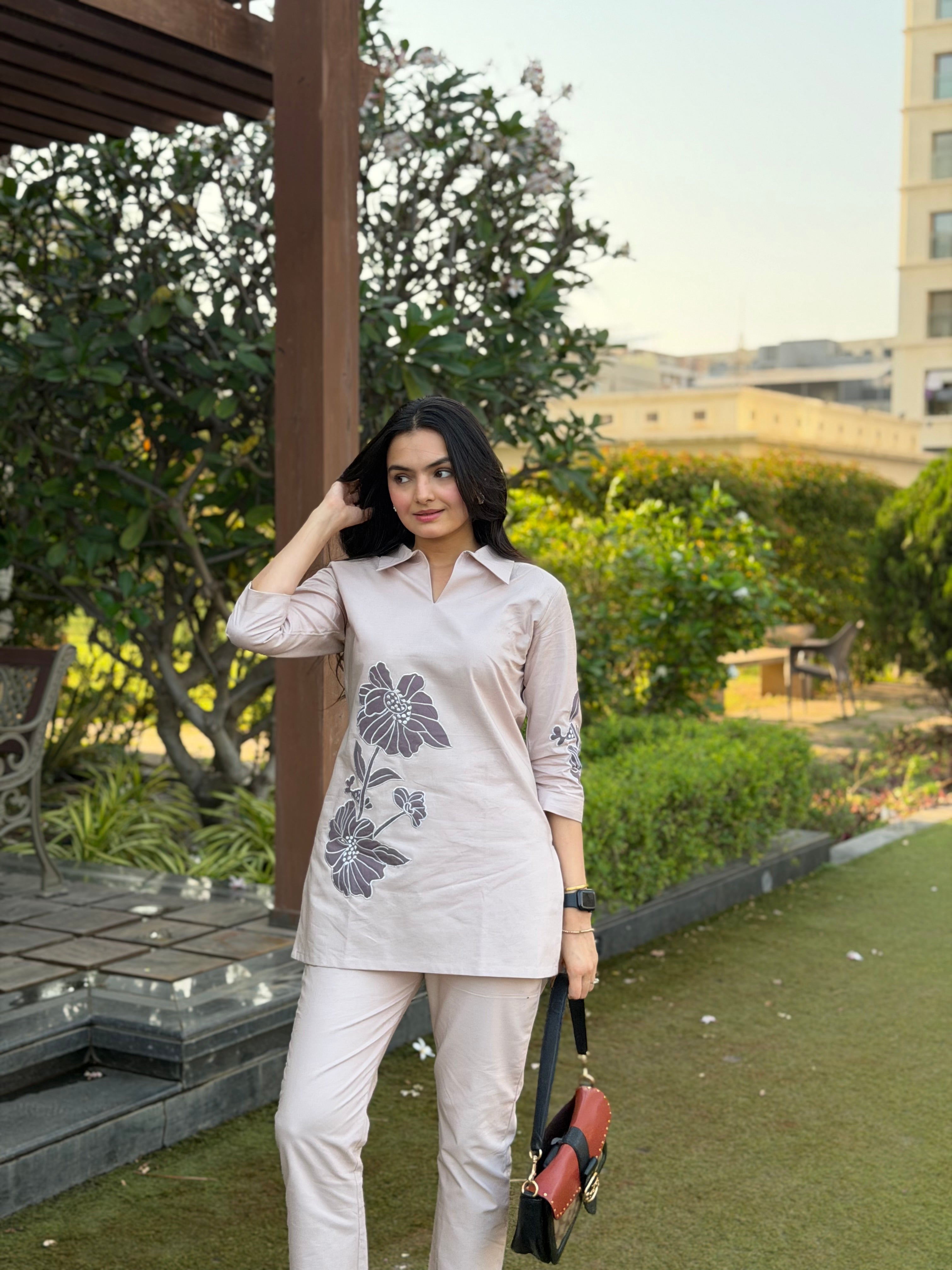 Solid Beige Applique Cotton Oxford Coord Set