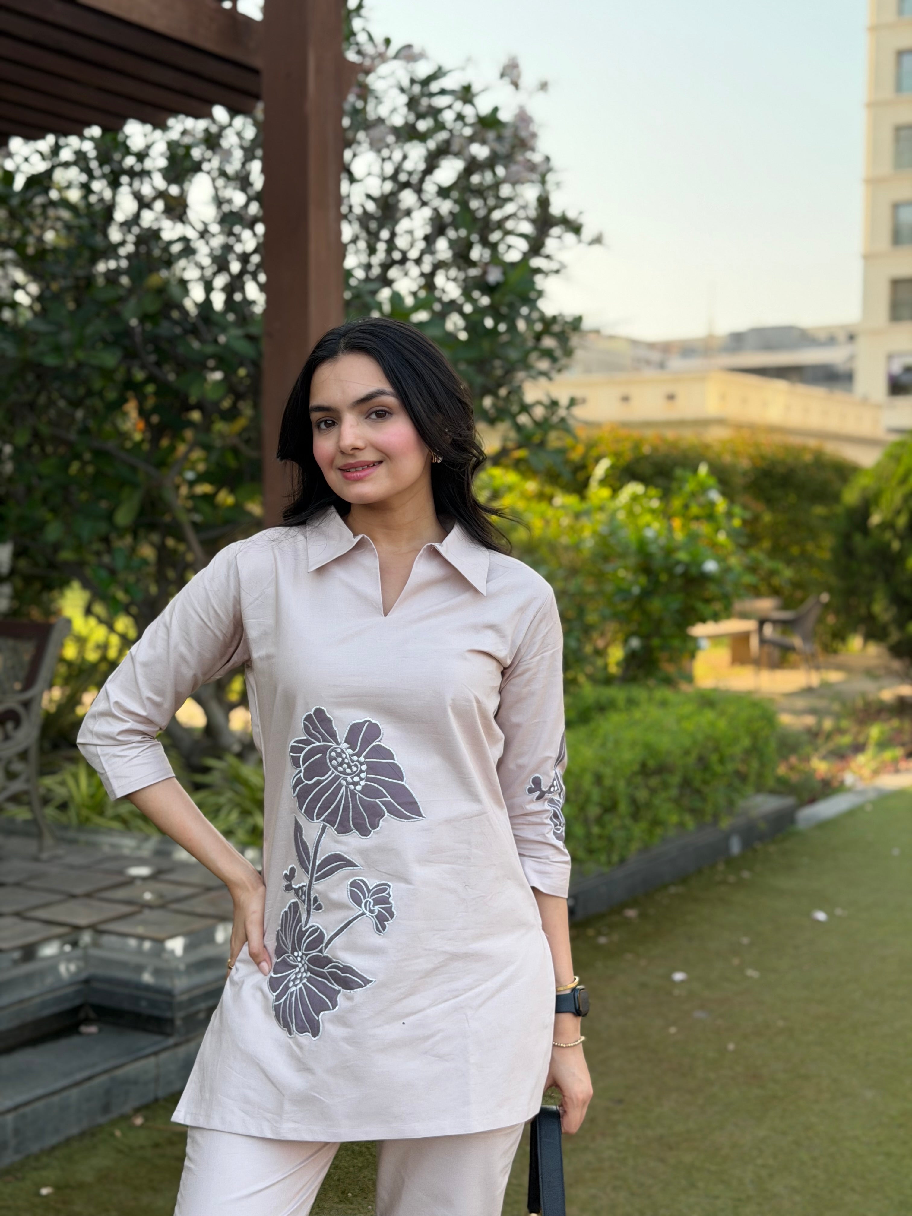 Solid Beige Applique Cotton Oxford Coord Set