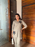 Elaris Pastel Green Pure Linen Floral Applique Coord Set
