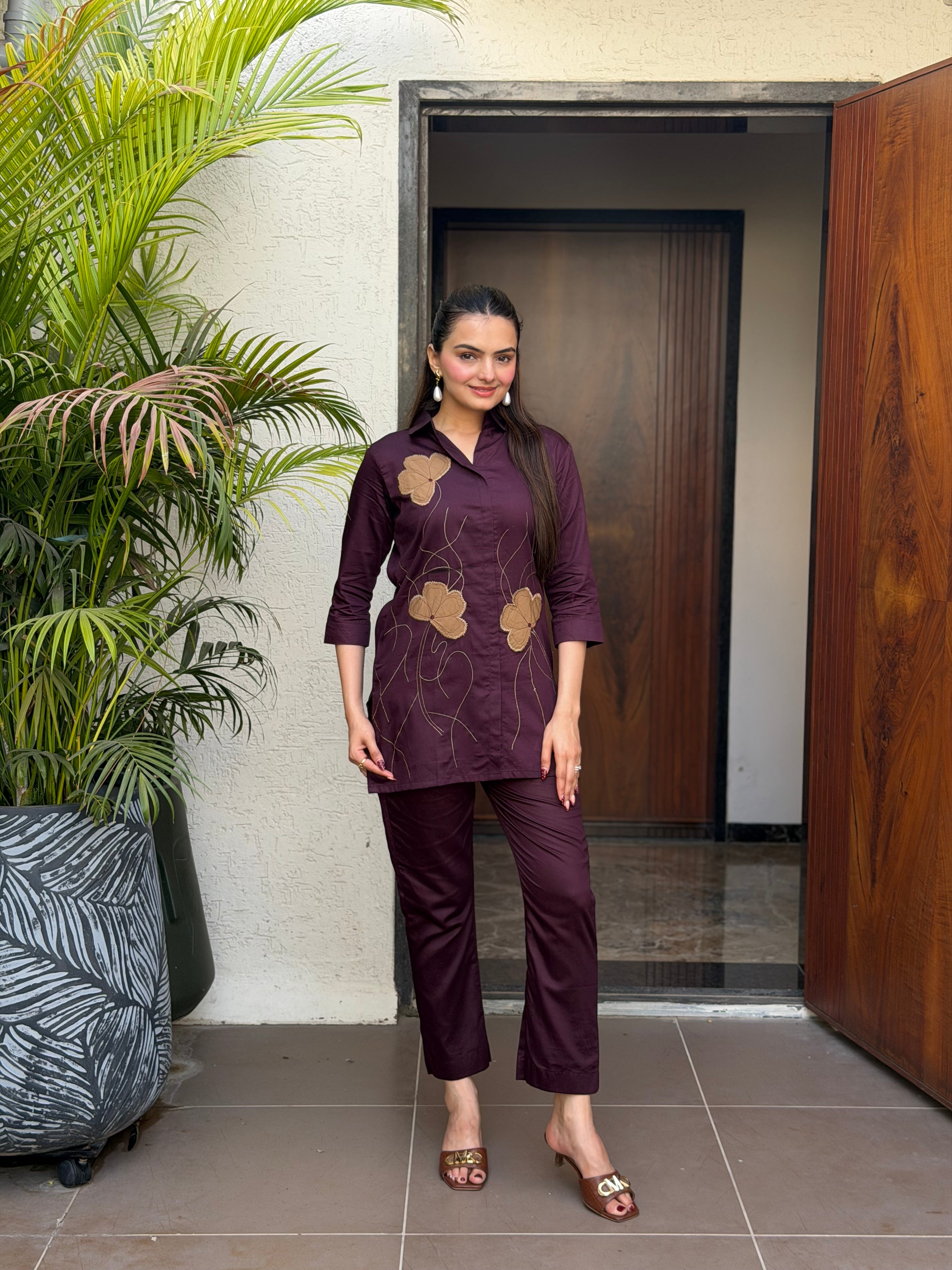 Burgundy Wine Flora Applique Giza Silk Coord Set